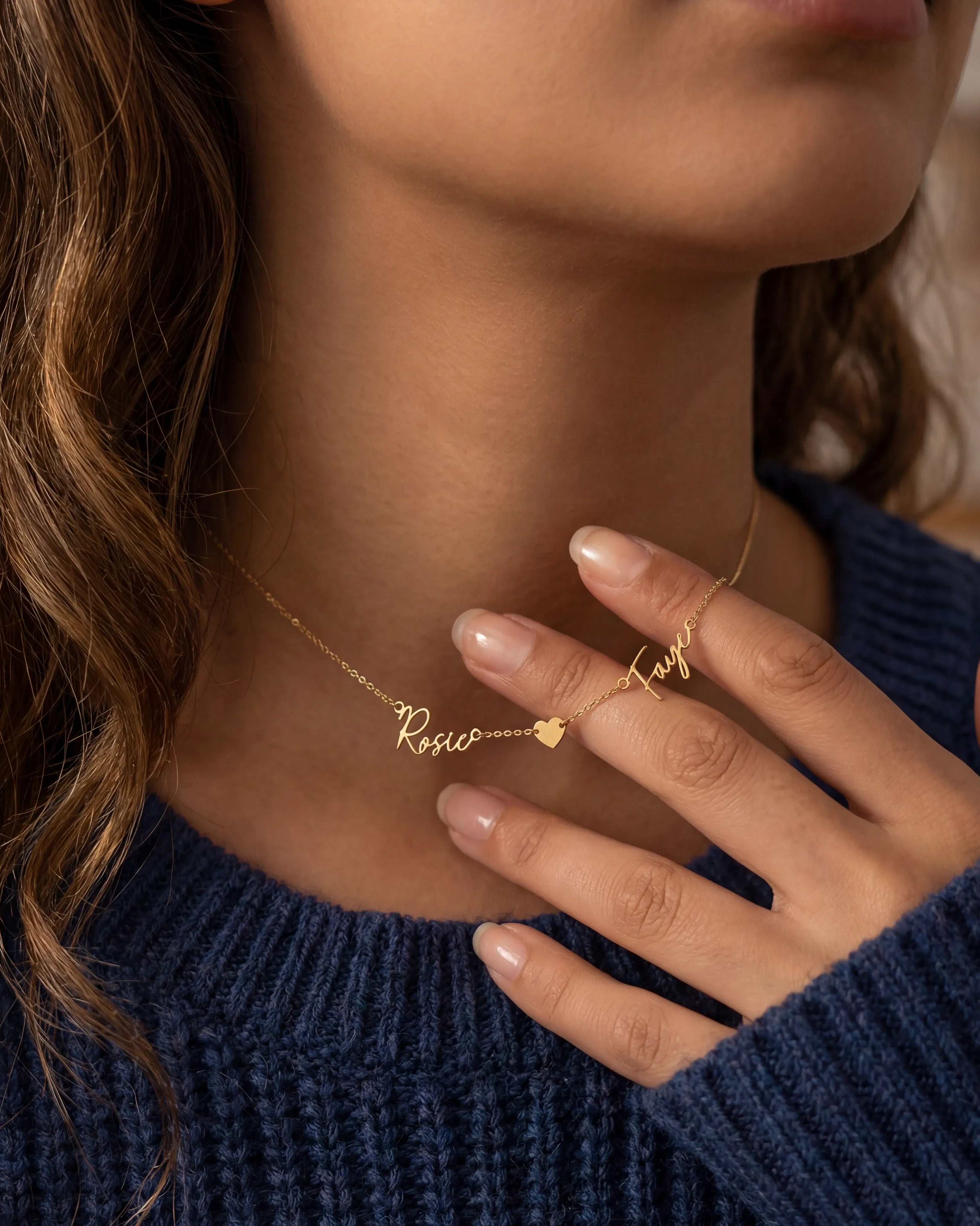 18ct Gold / Style 1 / 18" Inches Necklace Double Name & Solid Heart Necklace HBD Double Name Necklace with Heart – Vermeil or Solid Silver – Personalised Script Necklace