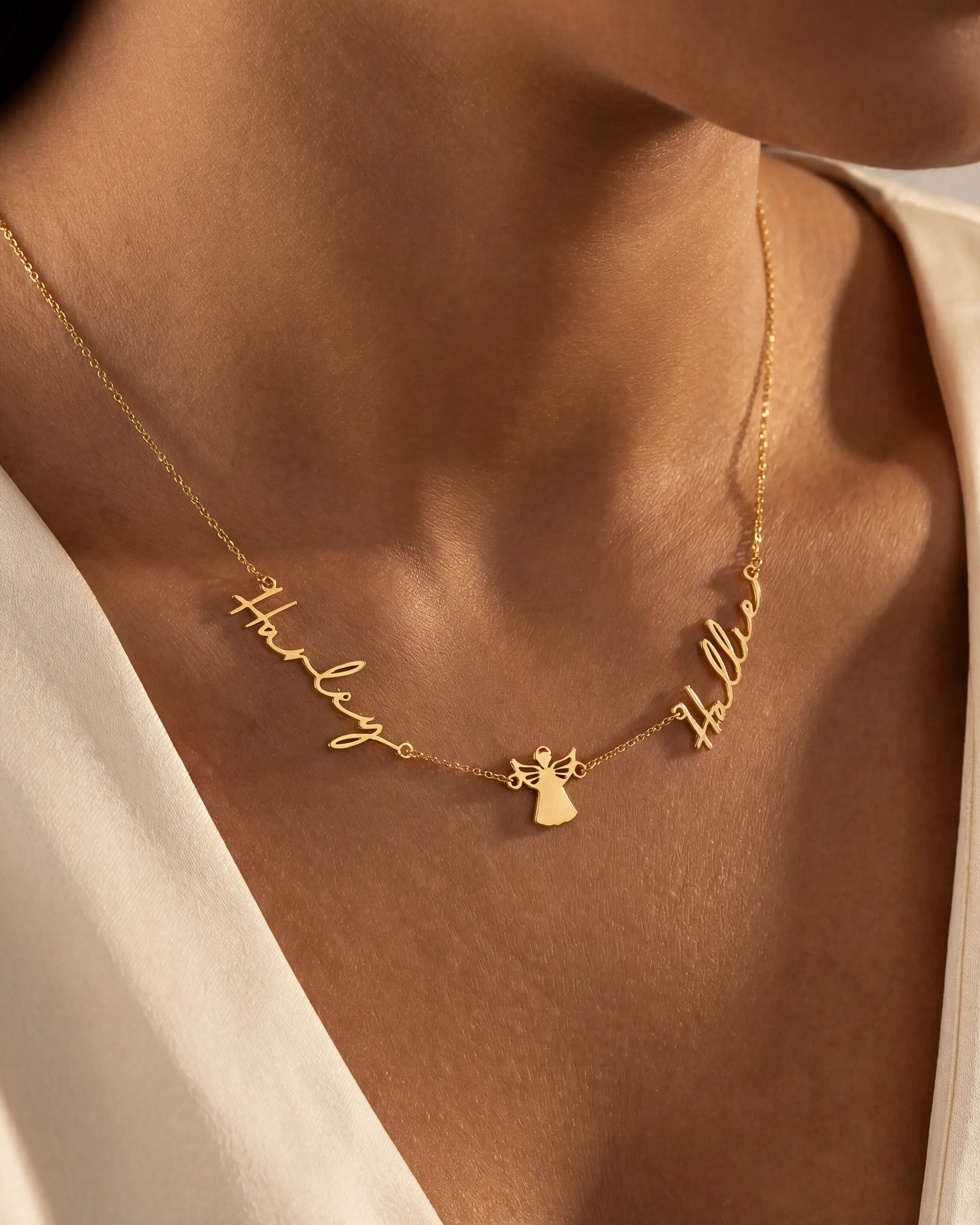 18ct Gold / Style 1 / 18" Inches Necklace Double Name with Angel Necklace HBD Angel Name Necklace with Two Names – Personalised Gold & Silver Gift