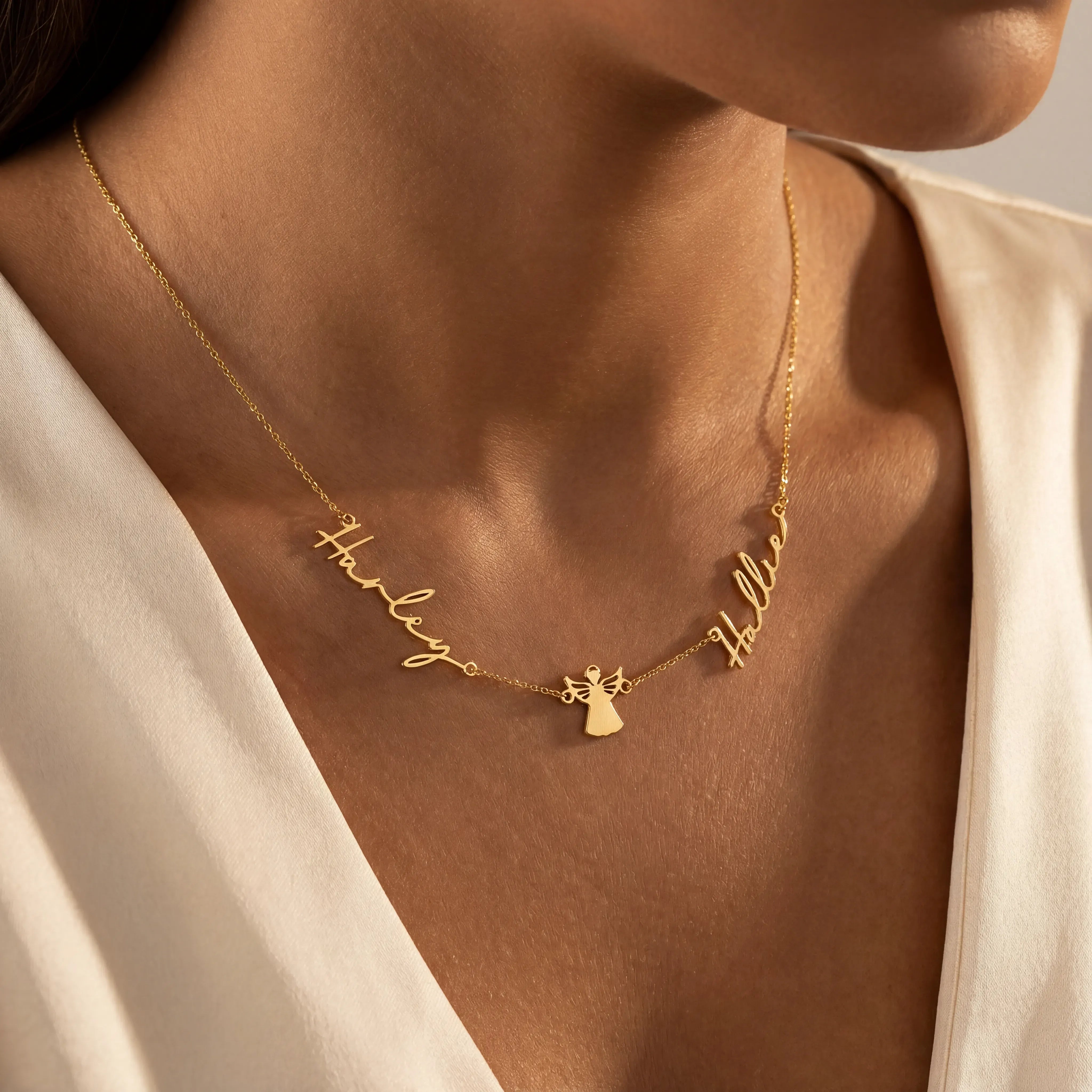 18ct Gold / Style 1 / 18" Inches Necklace Double Name with Angel Necklace HBD Angel Name Necklace with Two Names – Personalised Gold & Silver Gift