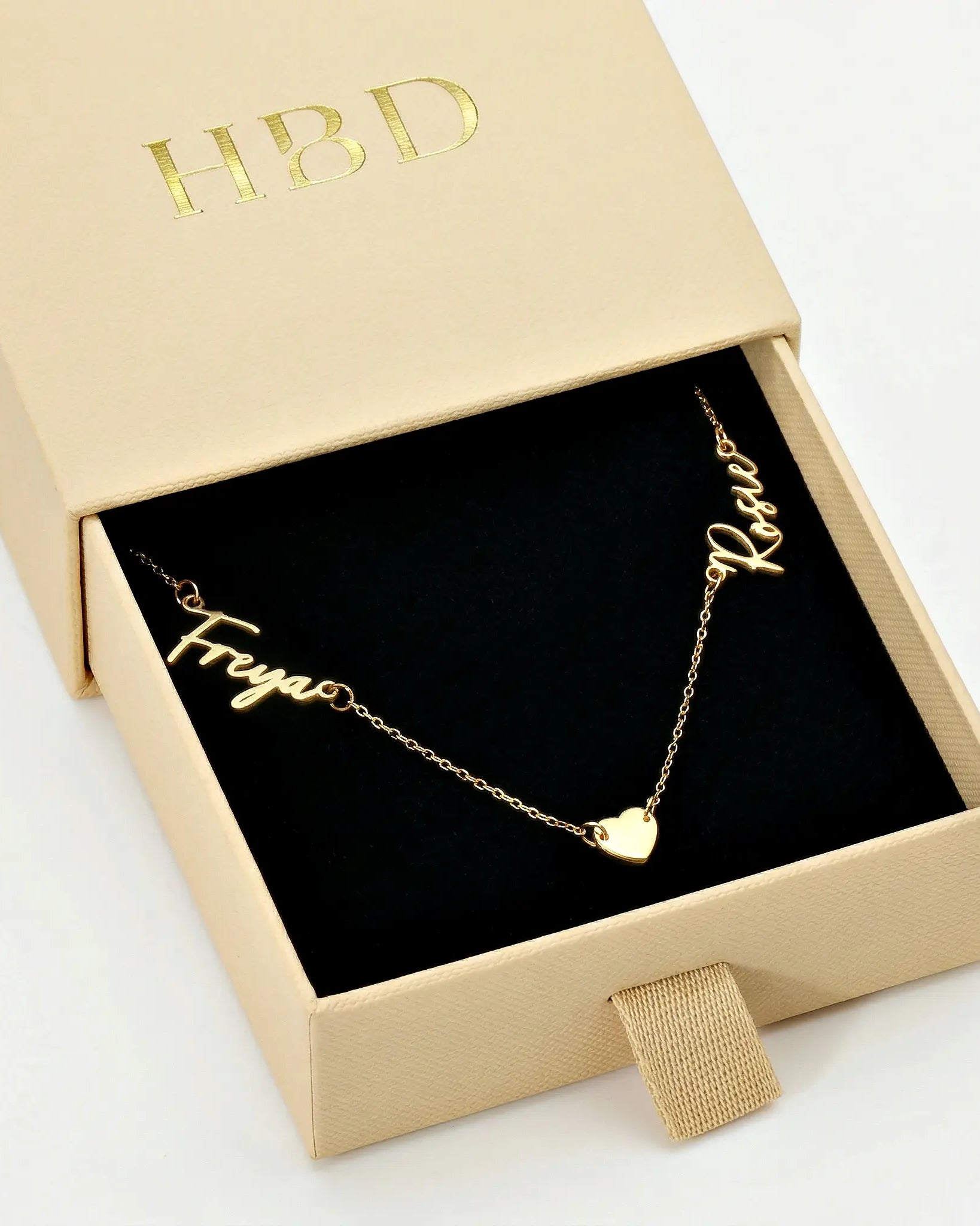 Double Name Necklace with Heart – Vermeil or Solid Silver – Personalised Script Necklace