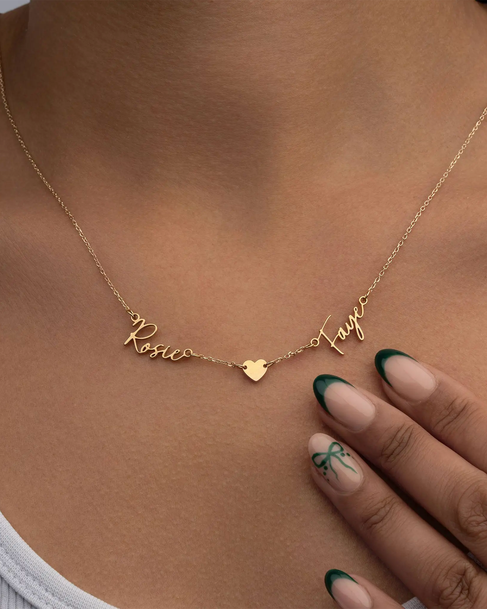 Double Name Necklace with Heart – Vermeil or Solid Silver – Personalised Script Necklace