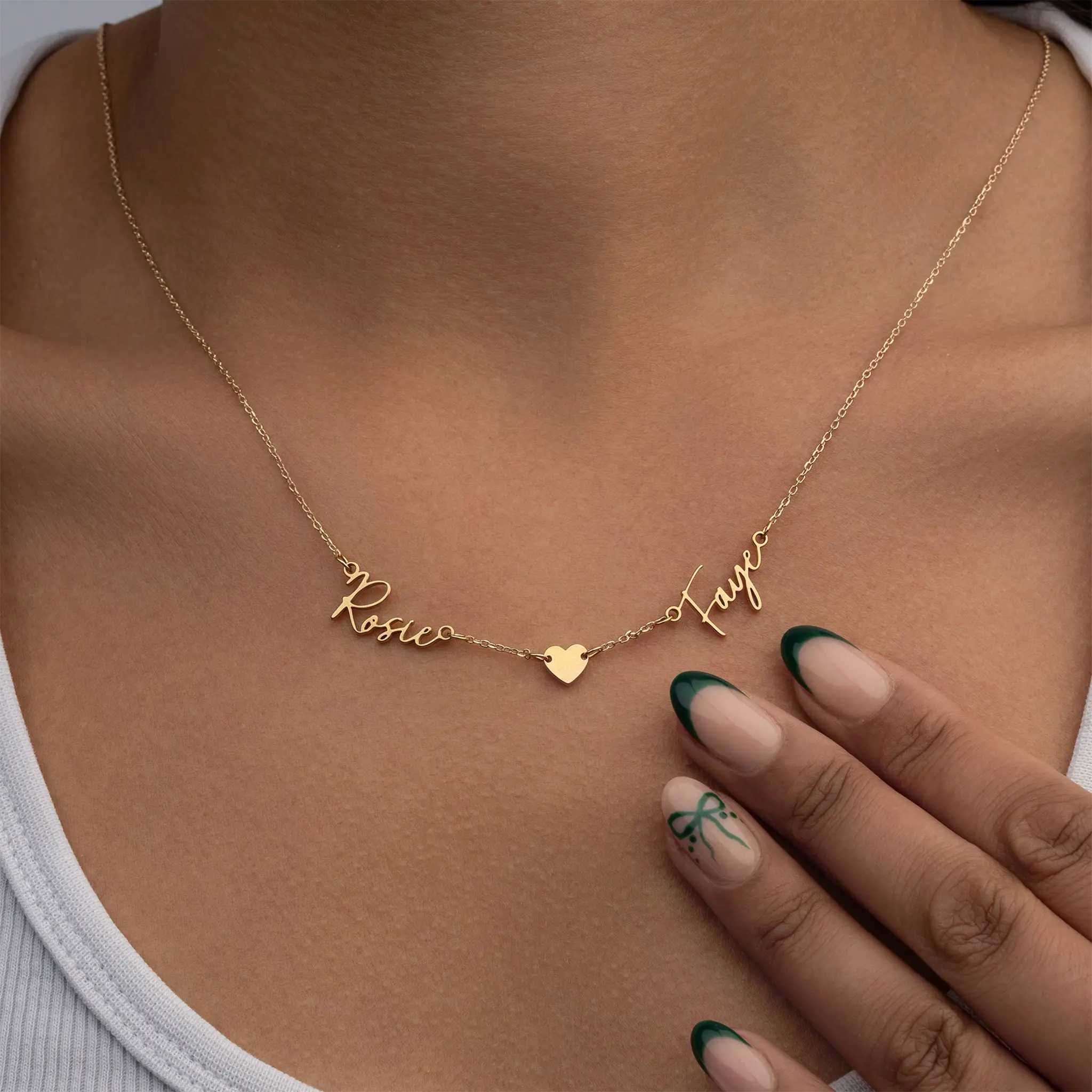 Double Name Necklace with Heart – Vermeil or Solid Silver – Personalised Script Necklace