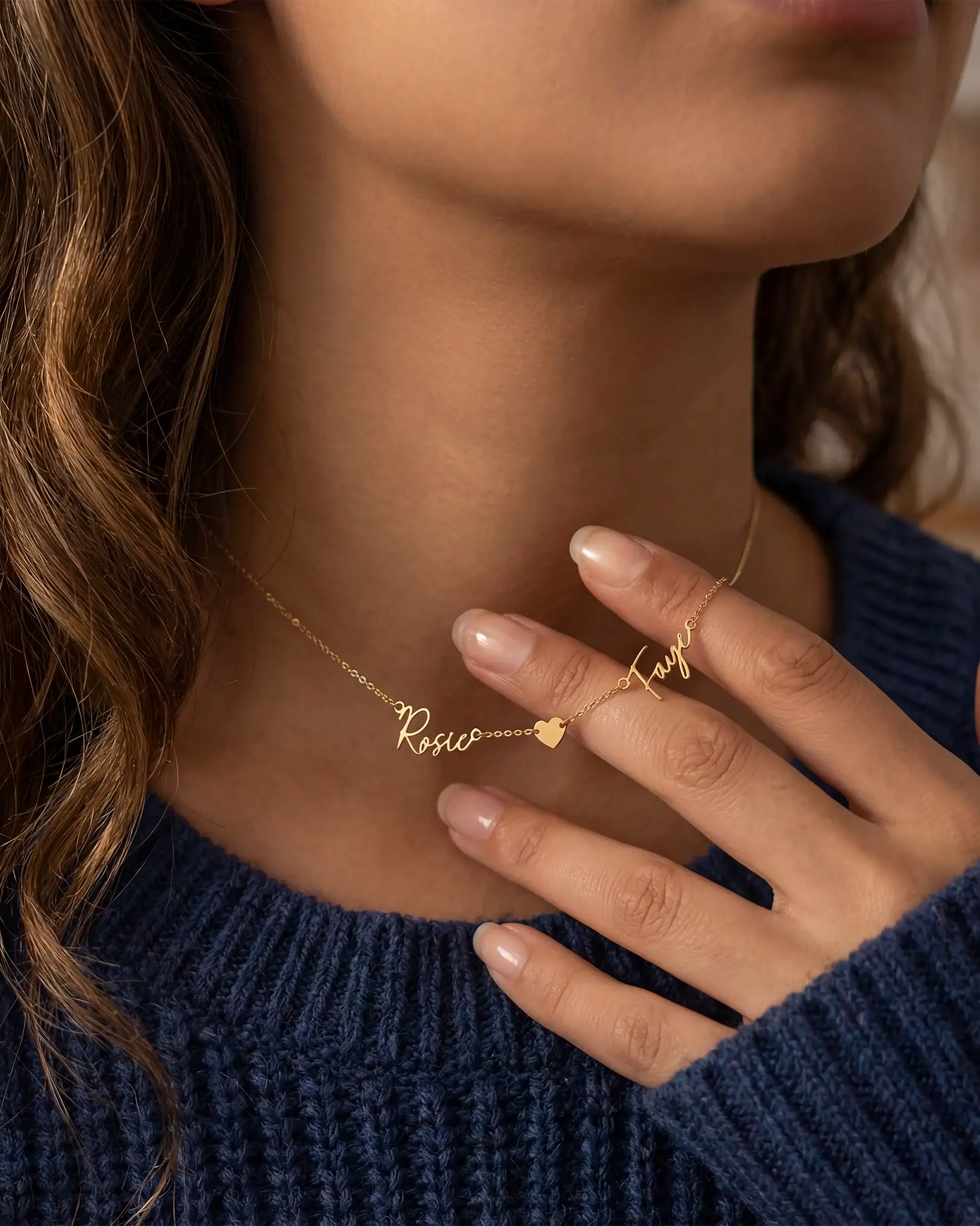Double Name Necklace with Heart – Vermeil or Solid Silver – Personalised Script Necklace