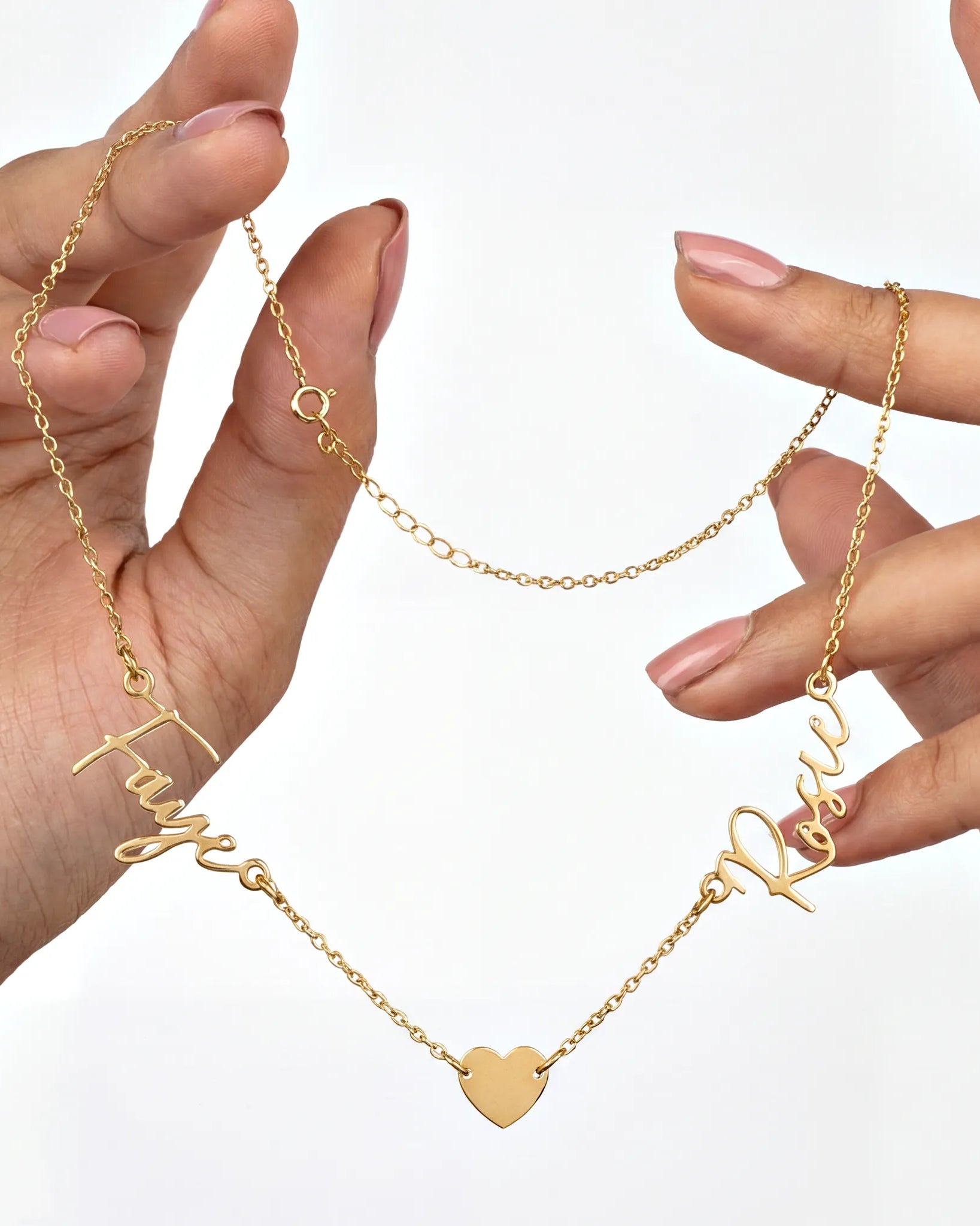 Double Name Necklace with Heart – Vermeil or Solid Silver – Personalised Script Necklace