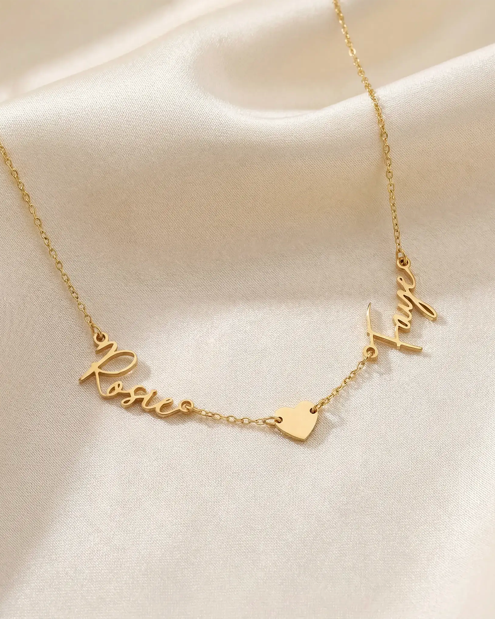 Double Name Necklace with Heart – Vermeil or Solid Silver – Personalised Script Necklace