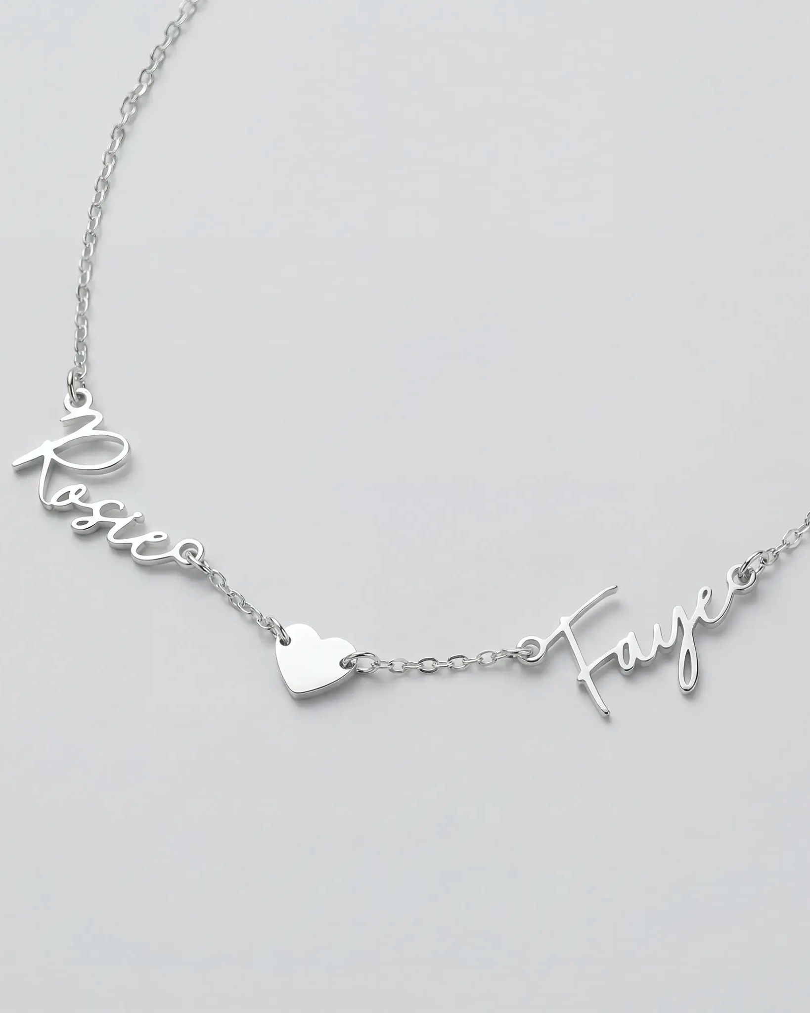 Double Name Necklace with Heart – Vermeil or Solid Silver – Personalised Script Necklace