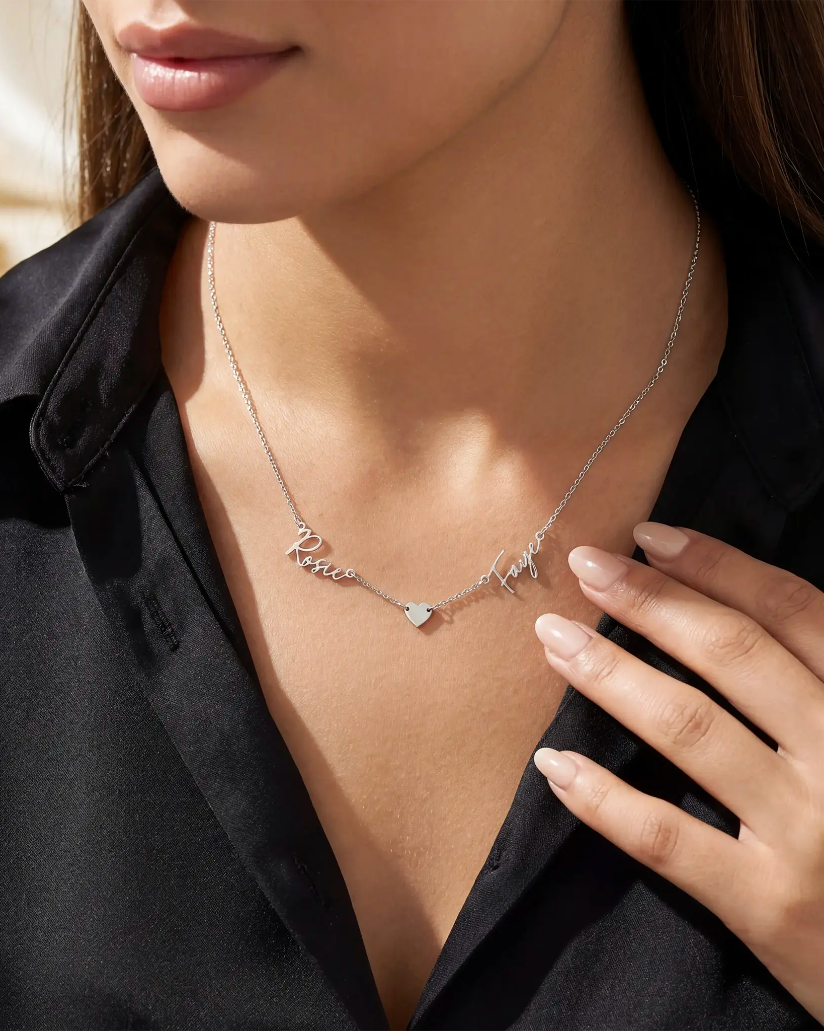 Double Name Necklace with Heart – Vermeil or Solid Silver – Personalised Script Necklace