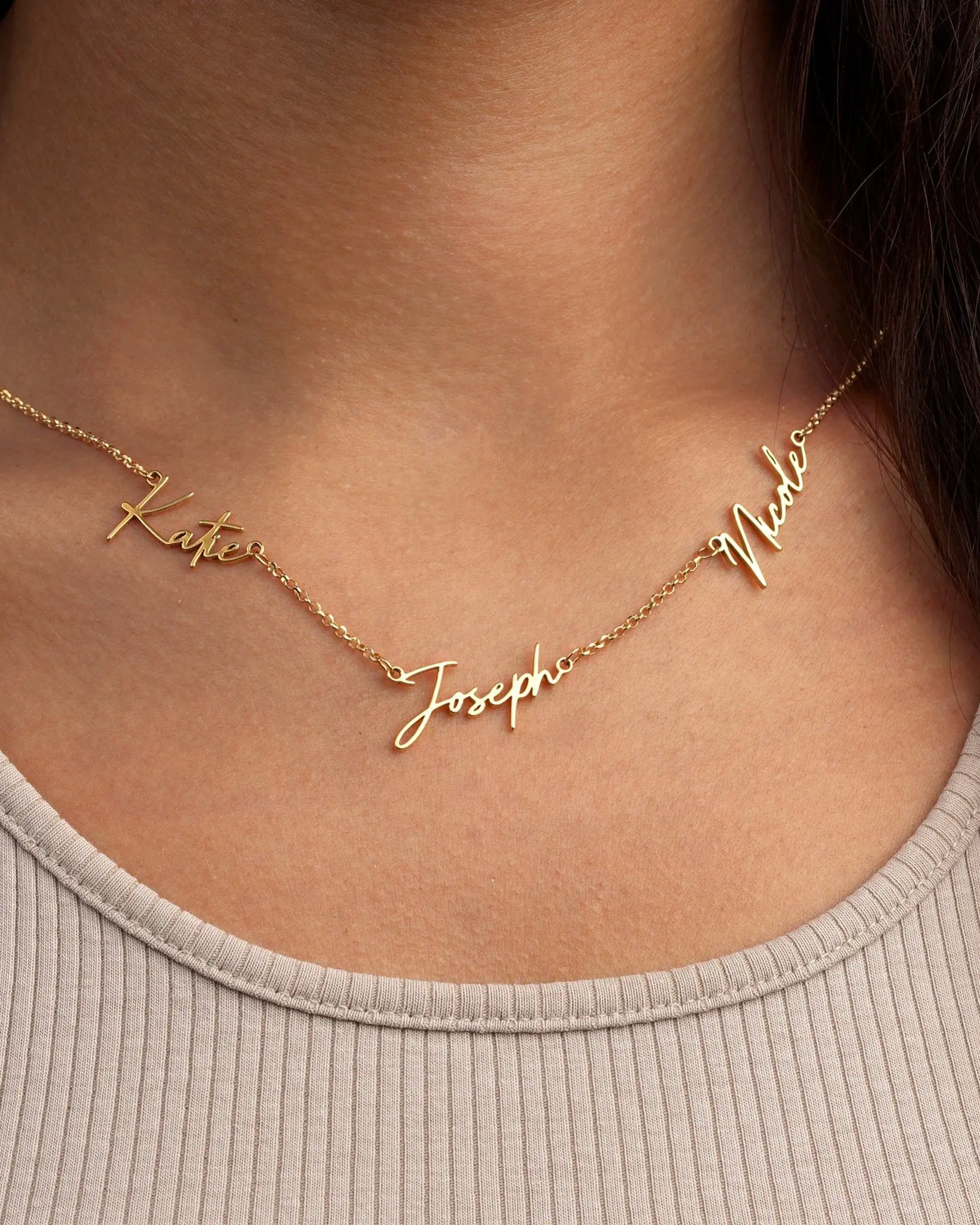 Triple Name Necklace in Gold, Silver or Vermeil – 3 Name Custom Necklace in 9 Designs