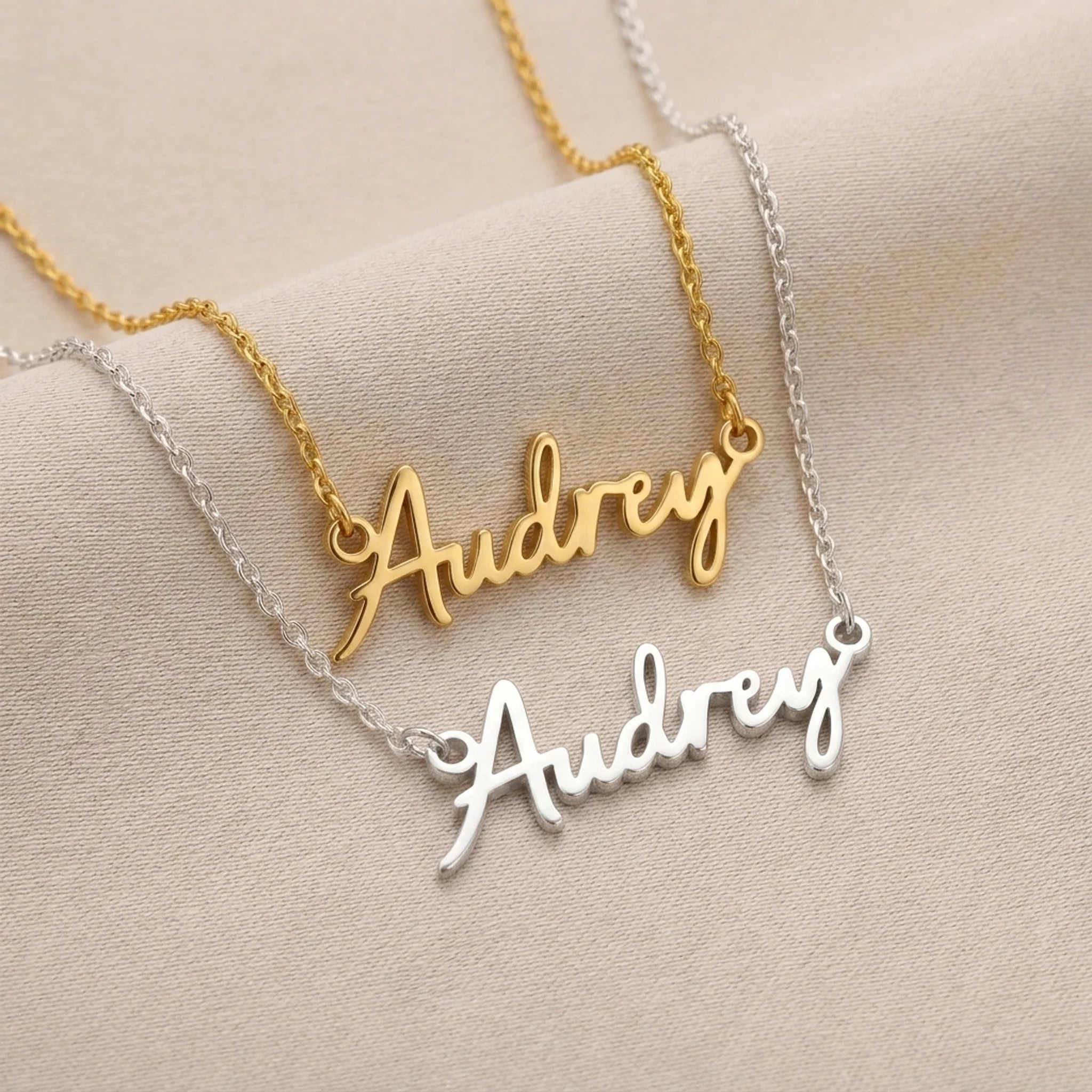Audrey Name Necklace | 18ct Gold, Silver & Vermeil | Ready to Ship