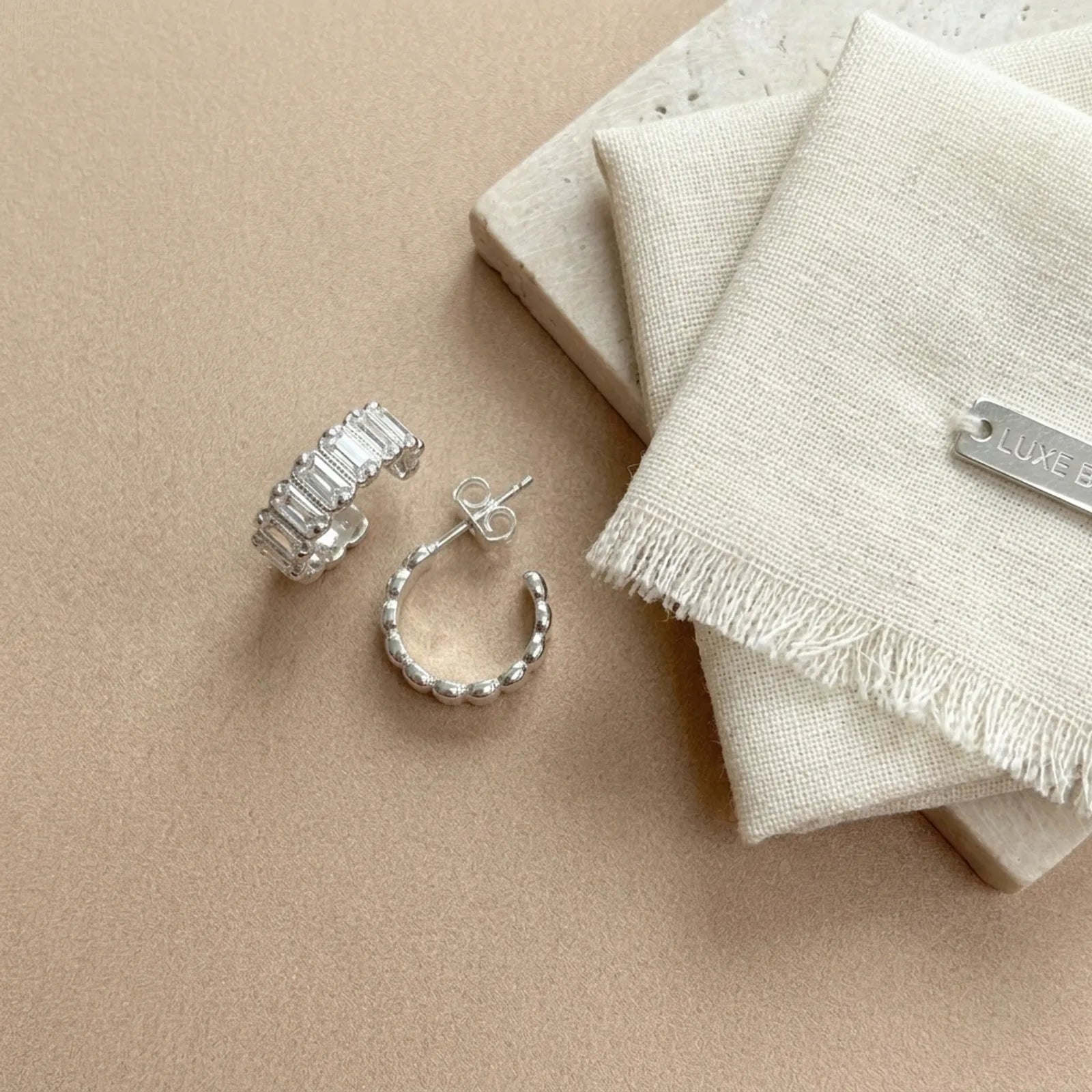 Baguette Stud Hoop Earrings in Gold & Silver