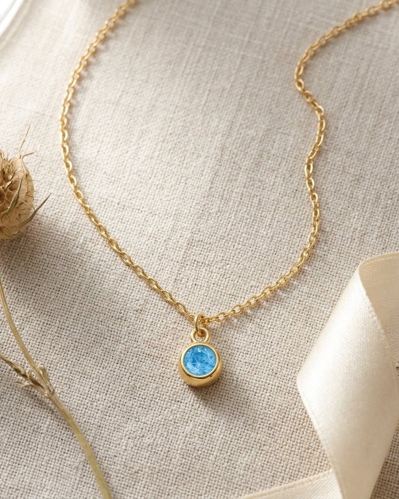 December Birthstone Necklace | Blue Zircon, Gold & Silver