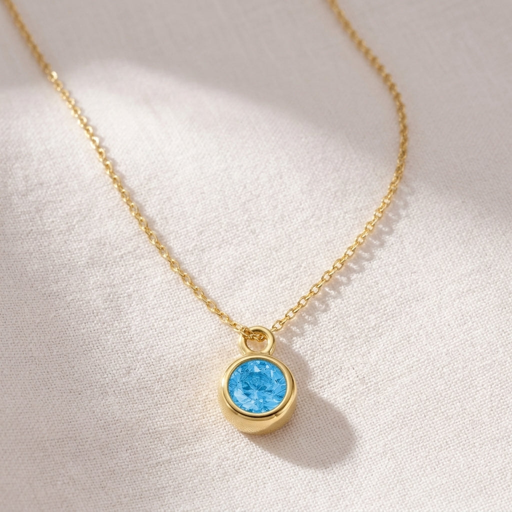 December Birthstone Necklace | Blue Zircon, Gold & Silver