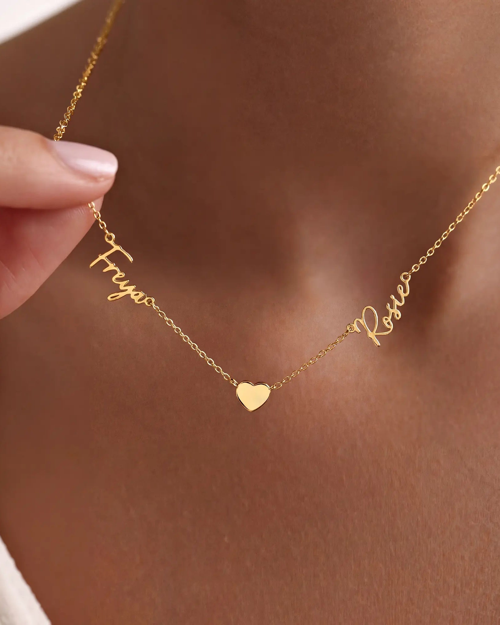 Double Name Necklace with Heart – Vermeil or Solid Silver – Personalised Script Necklace