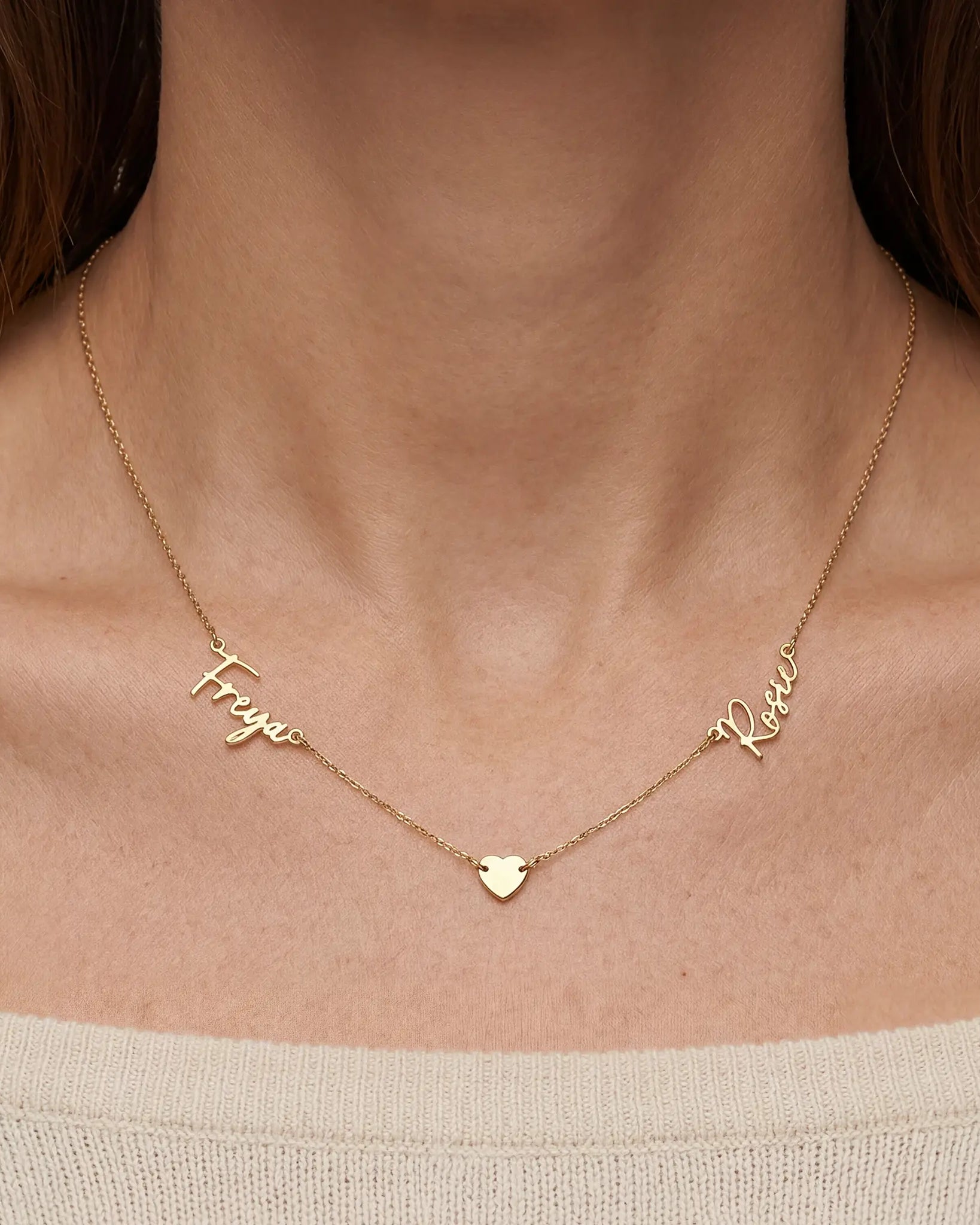 Double Name Necklace with Heart – Vermeil or Solid Silver – Personalised Script Necklace