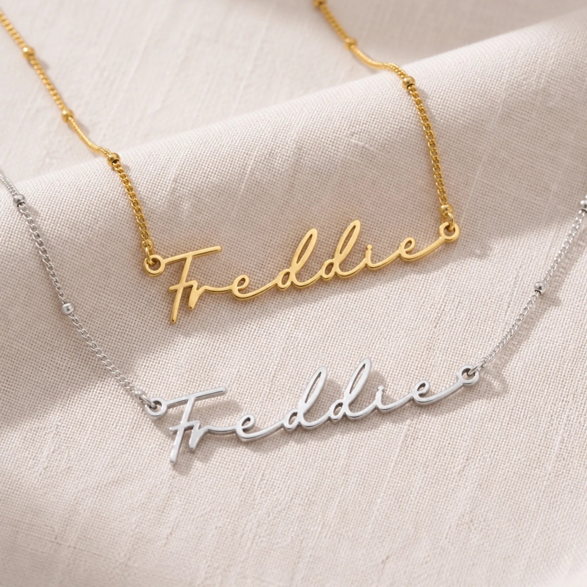 Freddie Name Necklace | 18ct Gold, Silver & Vermeil | Ready to Ship