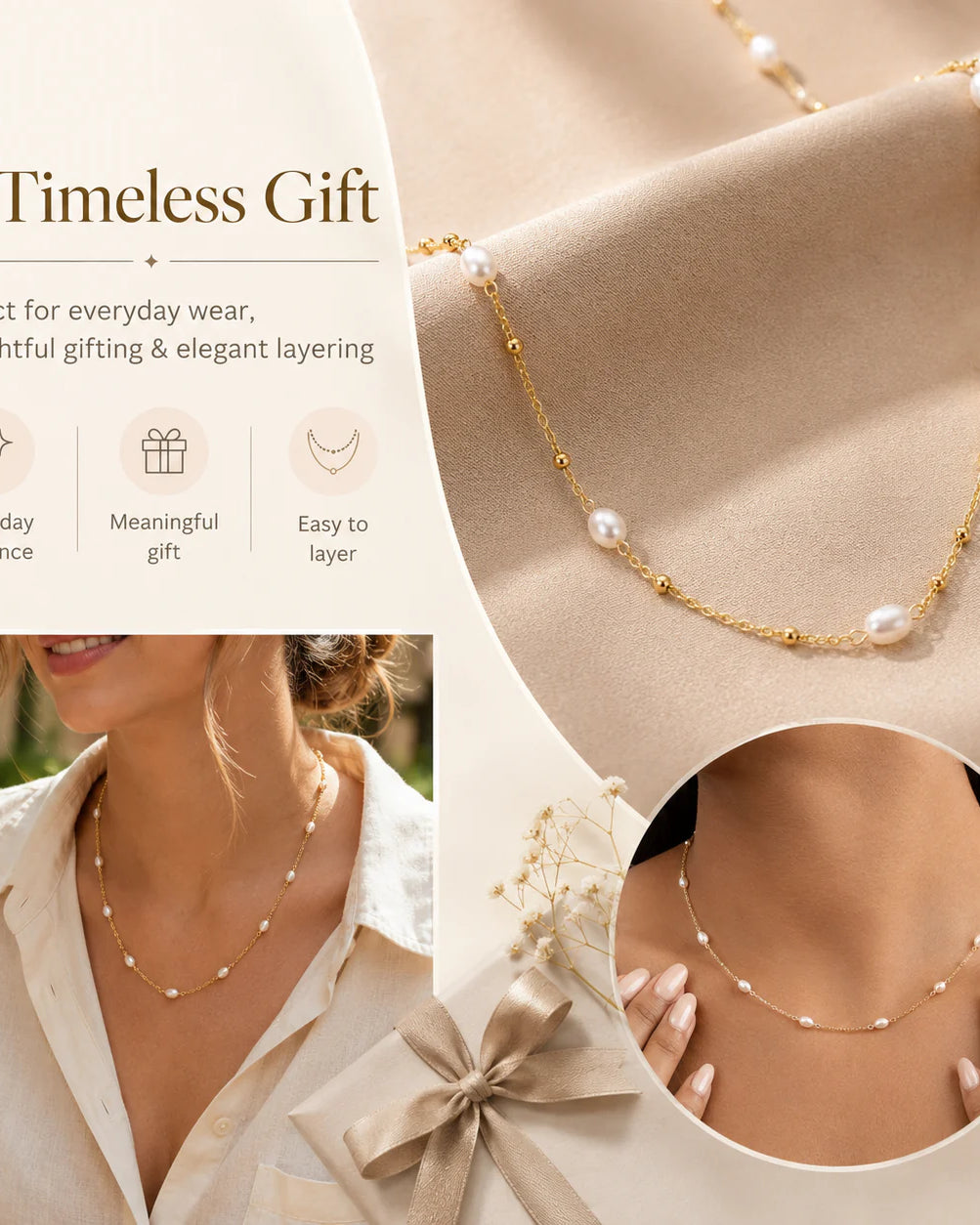 Freshwater Pearl Beaded Necklace in Gold or Silver