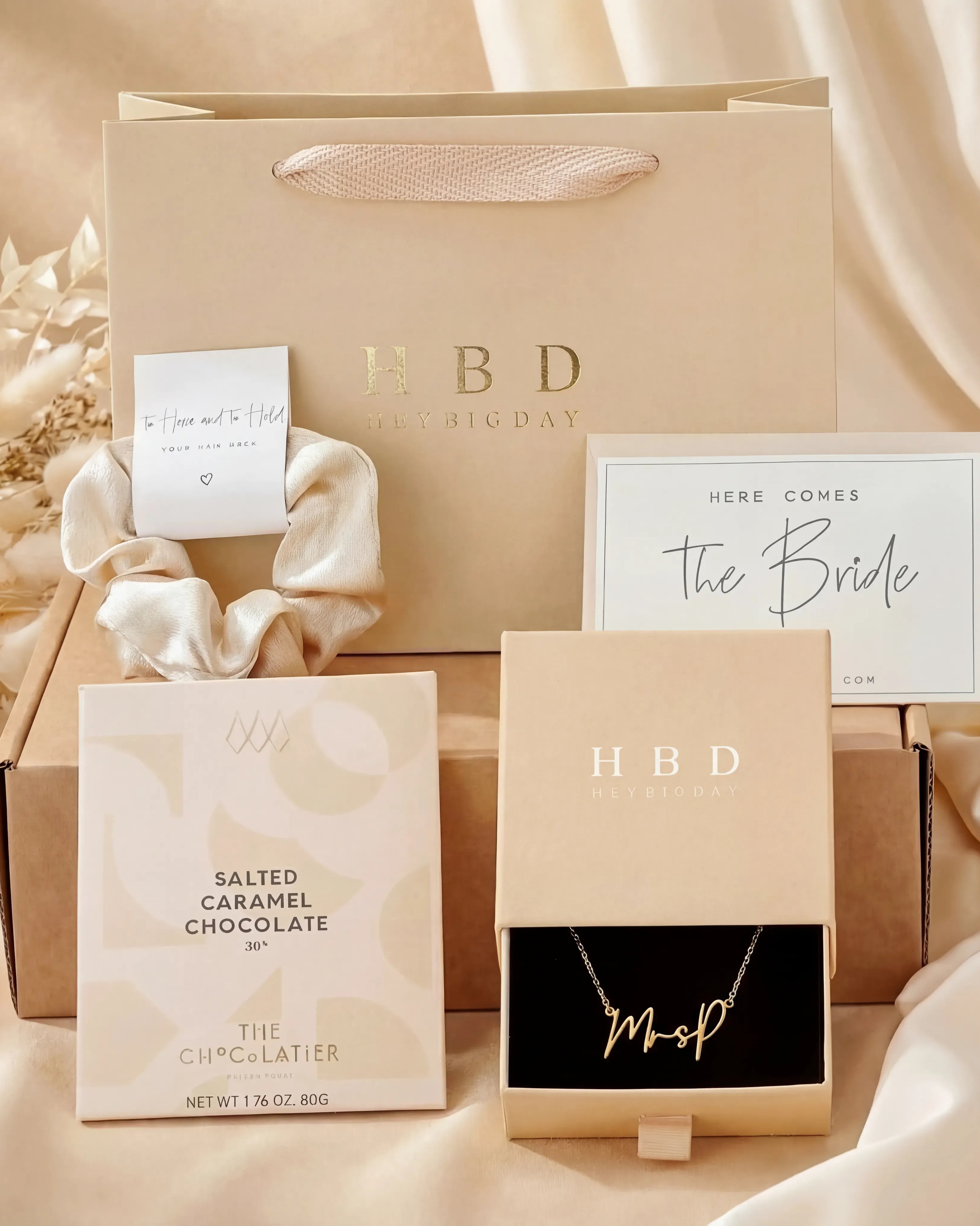 Gift Box "Mrs" Necklace Bride To Be Gift Box Set HBD Mrs Bride-To-Be Gift Box Set – Personalised Necklace, Matching Earrings & Chocolates