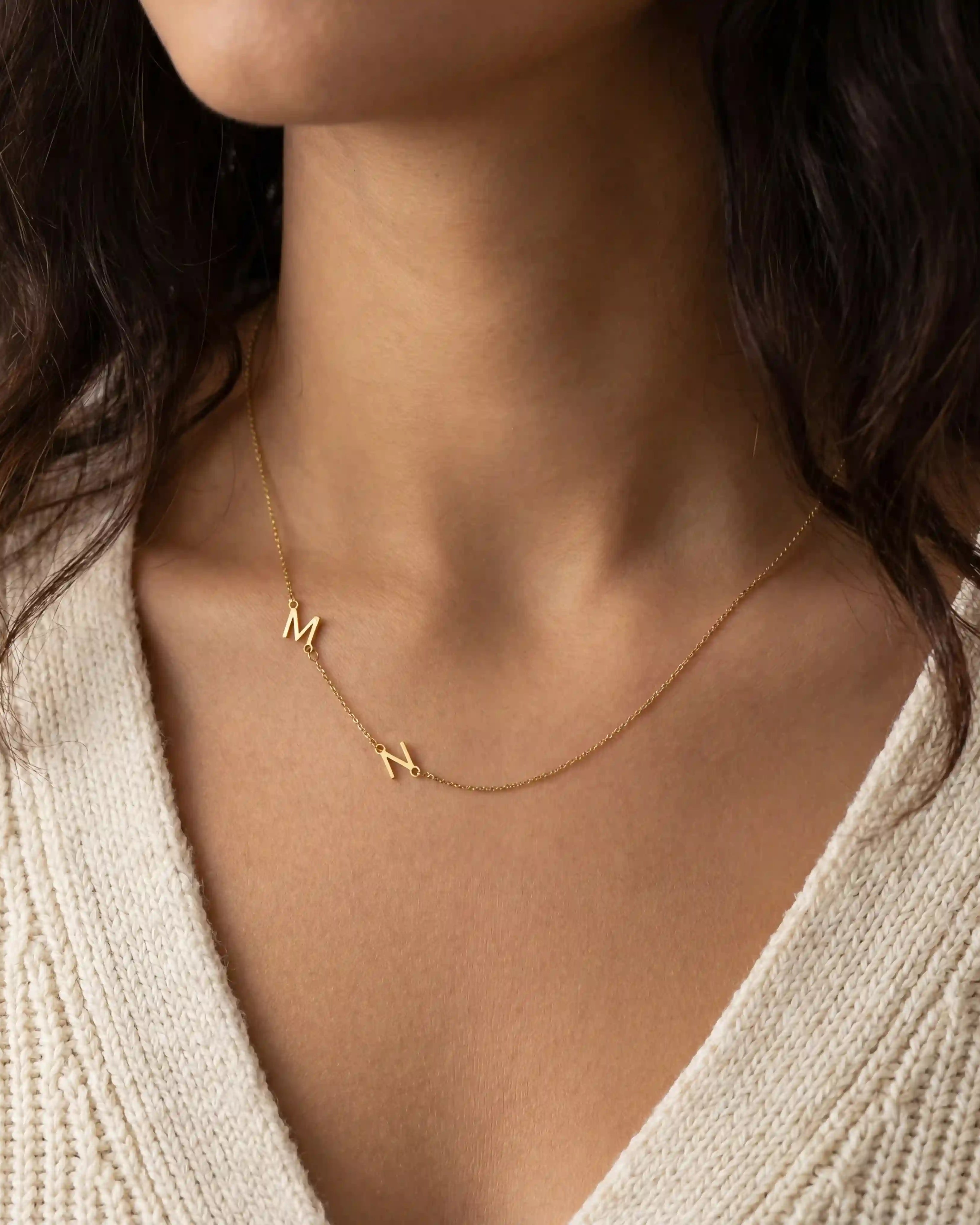 Double Sideways Initial Necklace in Gold or Silver