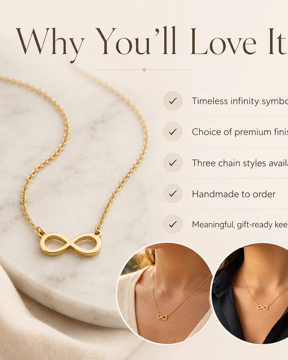 Infinity Necklace for Women in Gold, Silver & Vermeil