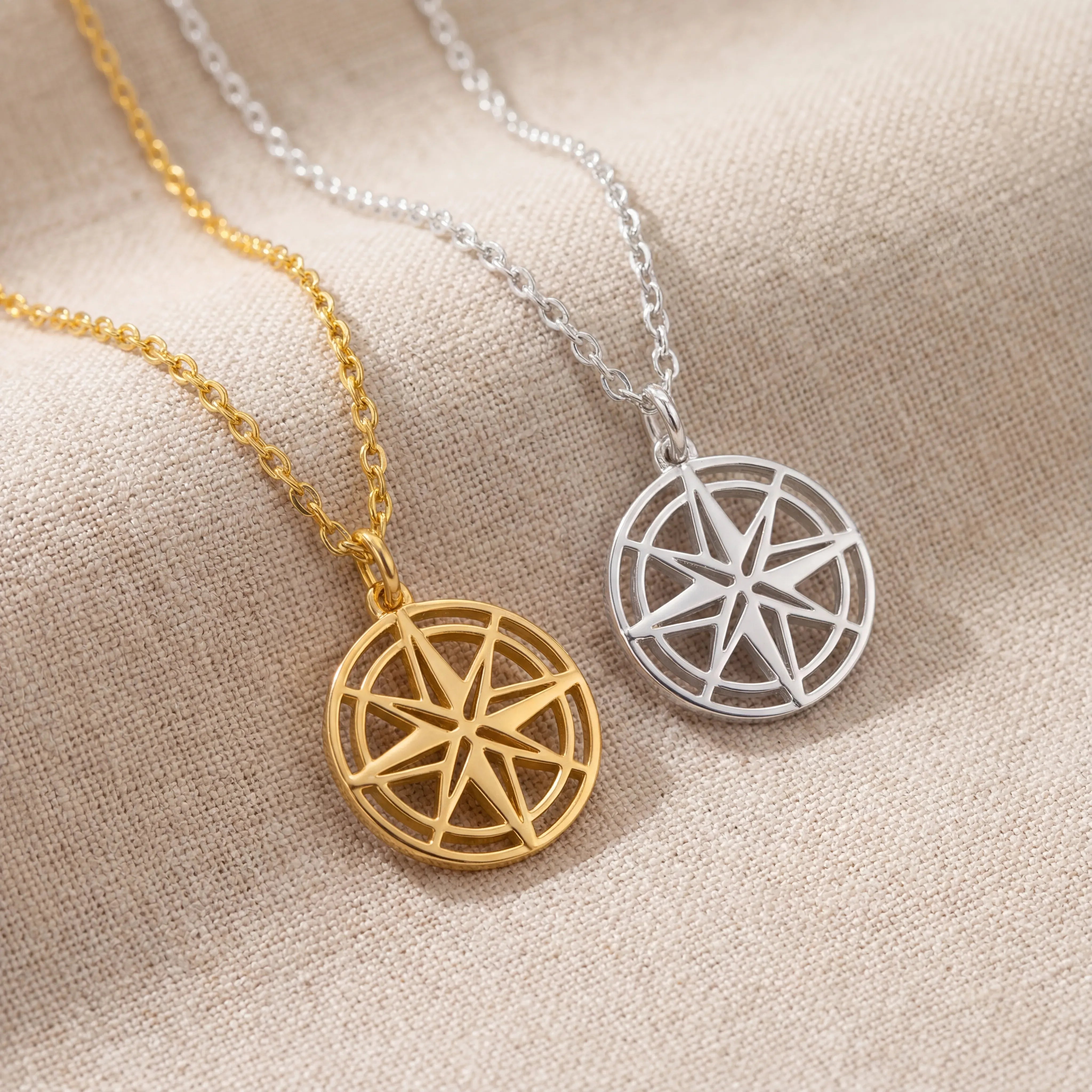 Gold Vermeil / Style 1 / 18" Inches Necklace Compass Necklace HBD Compass Star Pendant Necklace in Gold or Silver – Symbolic Compass Necklace