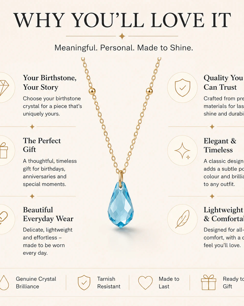 Birthstone Crystal Drop Necklace in Gold or Silver | HBD