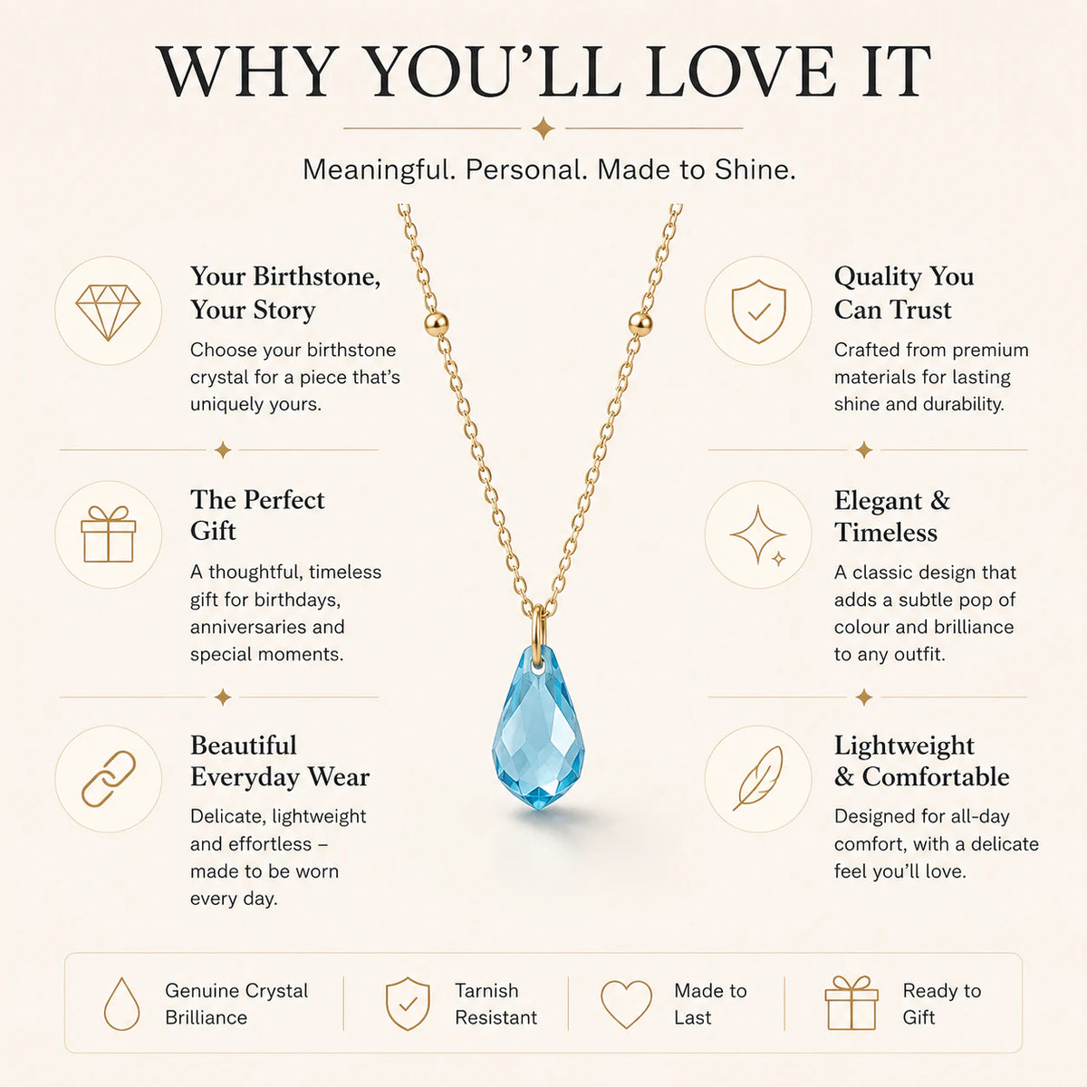 Birthstone Crystal Drop Necklace in Gold or Silver | HBD