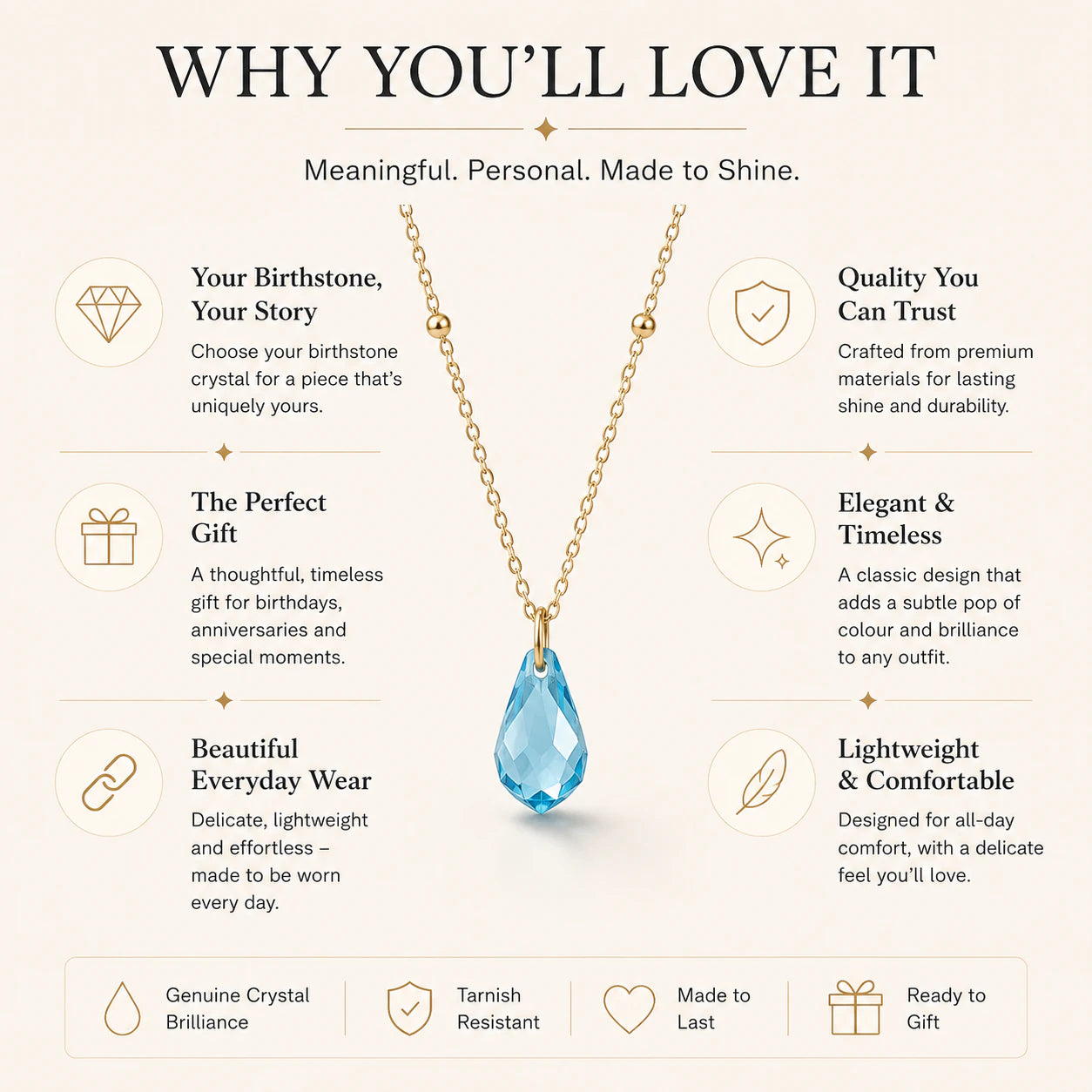 Birthstone Crystal Drop Necklace in Gold or Silver | HBD