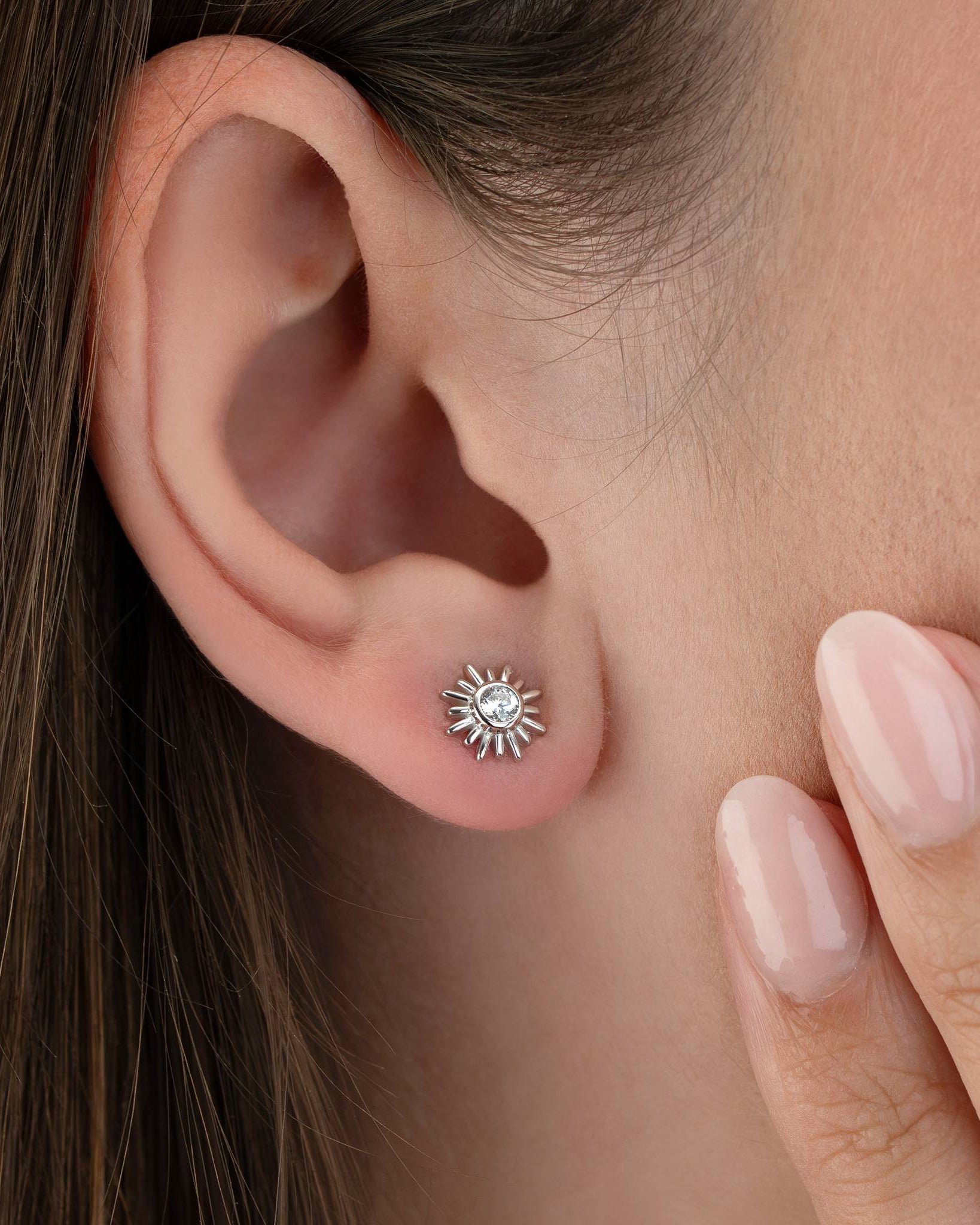 Earrings Sun Stud Earrings HBD Sterling Silver Sun Stud Earrings – Small Cubic Zirconia Sunshine Earrings