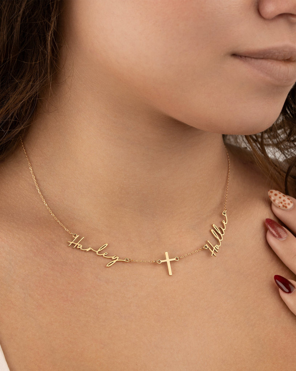 Double Name with Cross Necklace | Personalised Double Name & Cross in Gold & Silver