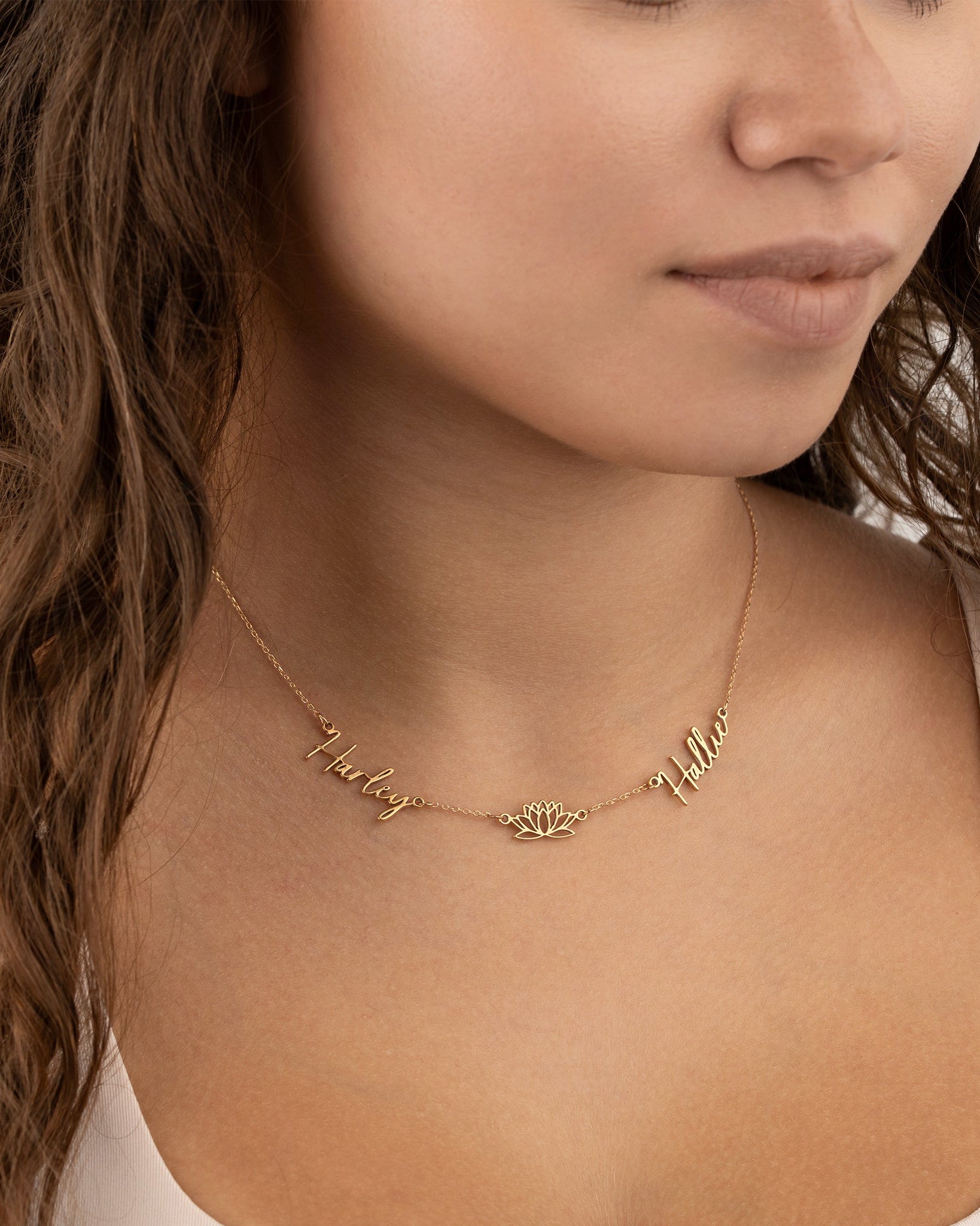 Necklace Double Name with Lotus Flower Necklace HBD Personalised Lotus Necklace with Two Names – Gold, Silver or Vermeil