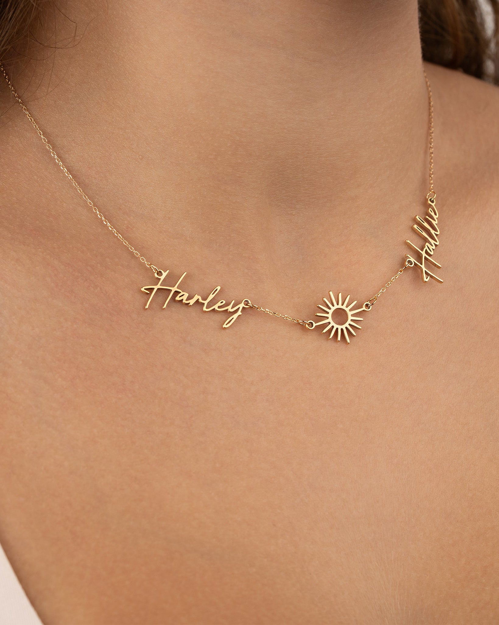 Necklace Double Name with Sun Necklace HBD Personalised Sun Necklace with Two Names – Gold, Silver or Vermeil