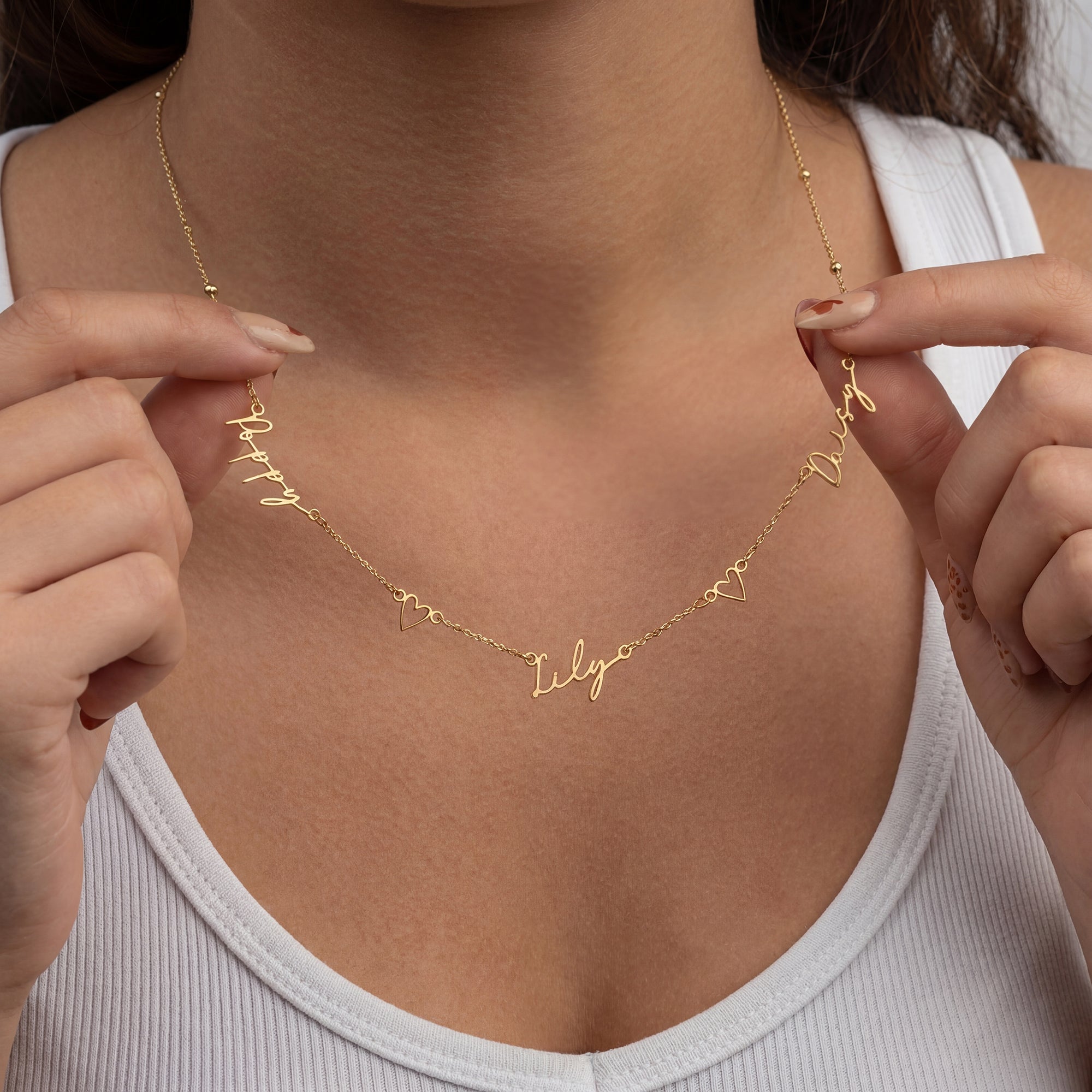 Necklace Triple Name Necklace with Two Hearts HBD Triple Name Necklace with Two Hearts – Custom Personalised Necklace in Gold or Silver