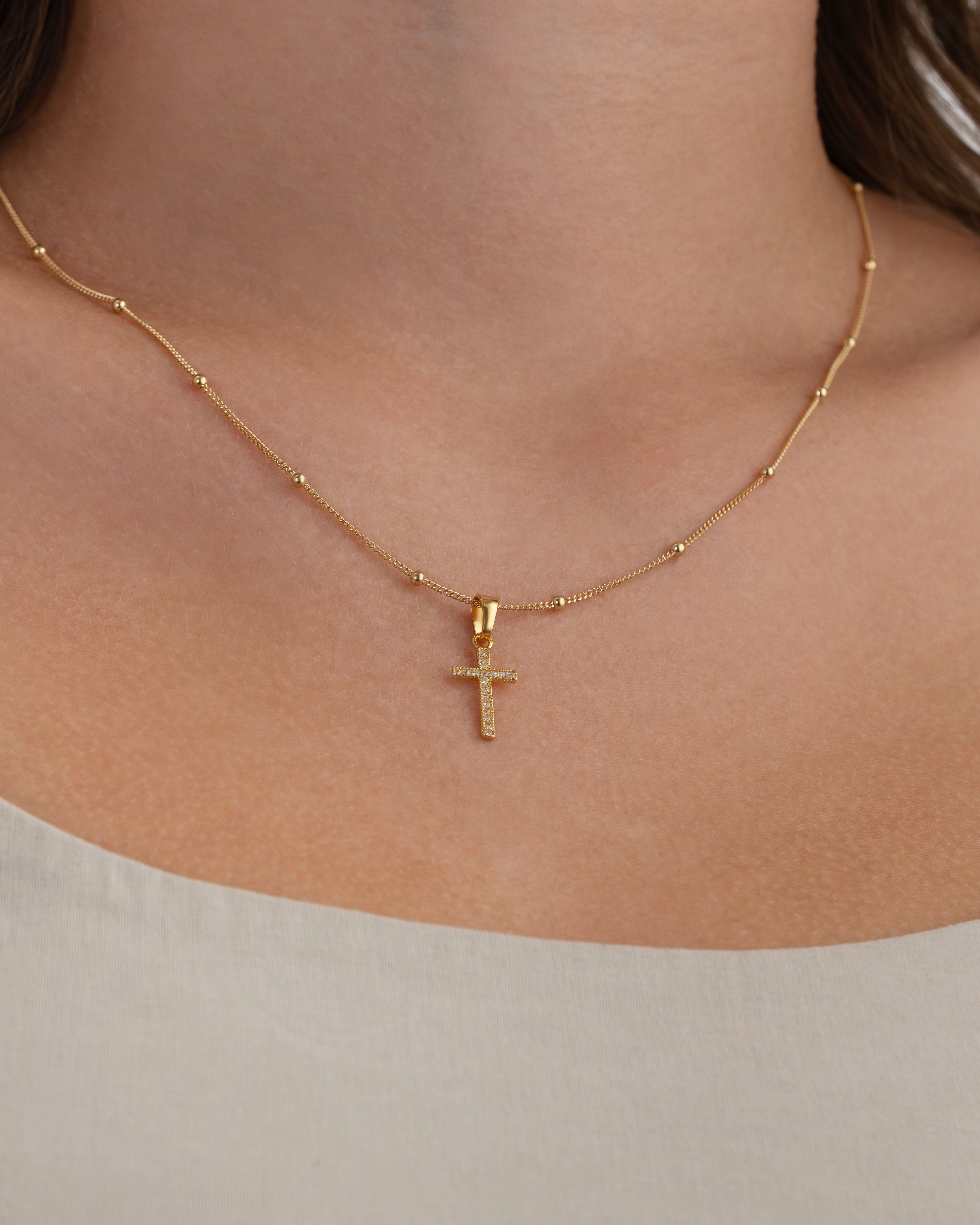 Necklace Cubic Zirconia Cross Necklace HBD Cross Necklace in Gold or Silver - Dainty CZ Cross Pendant - 15" to 20" Chain