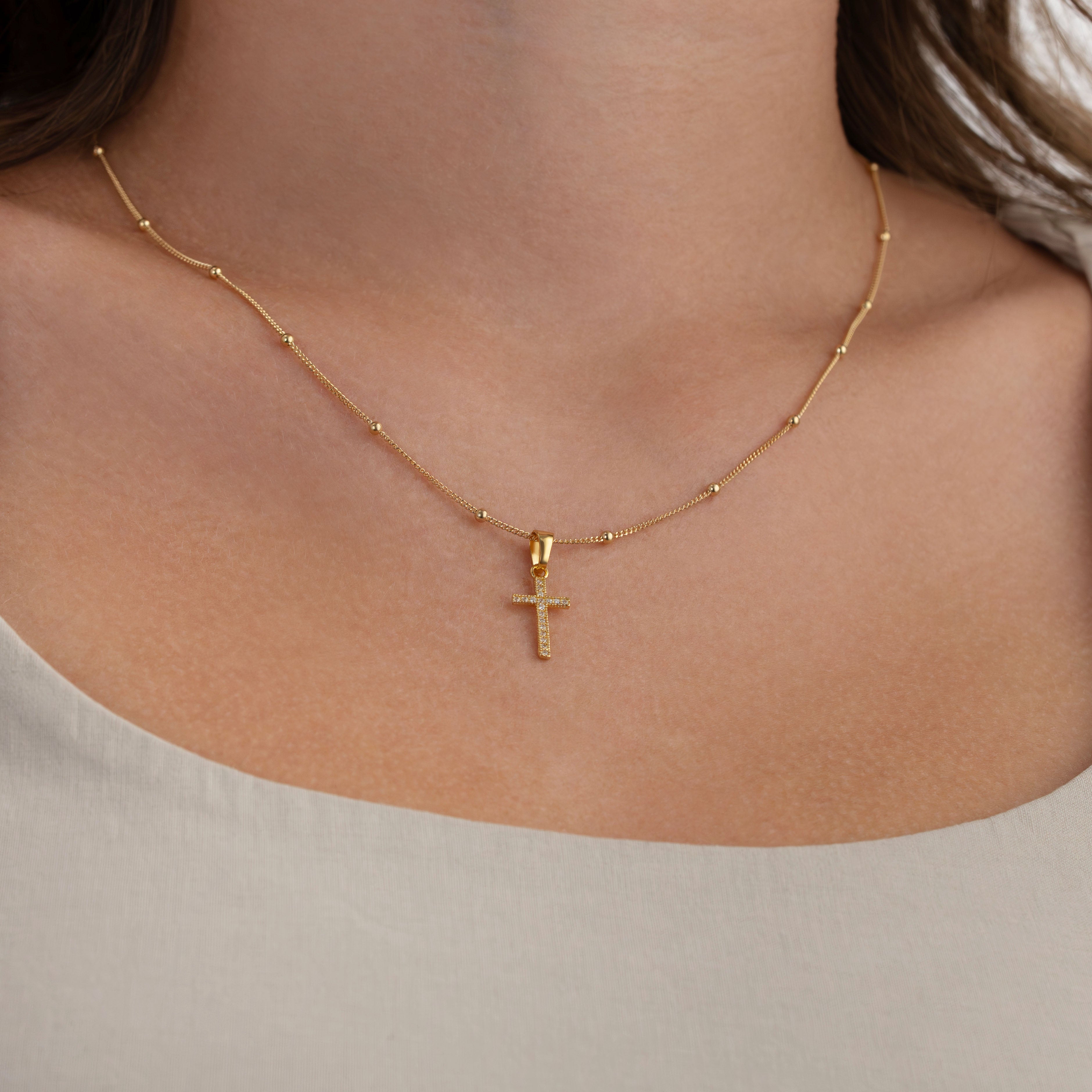 Necklace Cubic Zirconia Cross Necklace HBD Cross Necklace in Gold or Silver - Dainty CZ Cross Pendant - 15" to 20" Chain