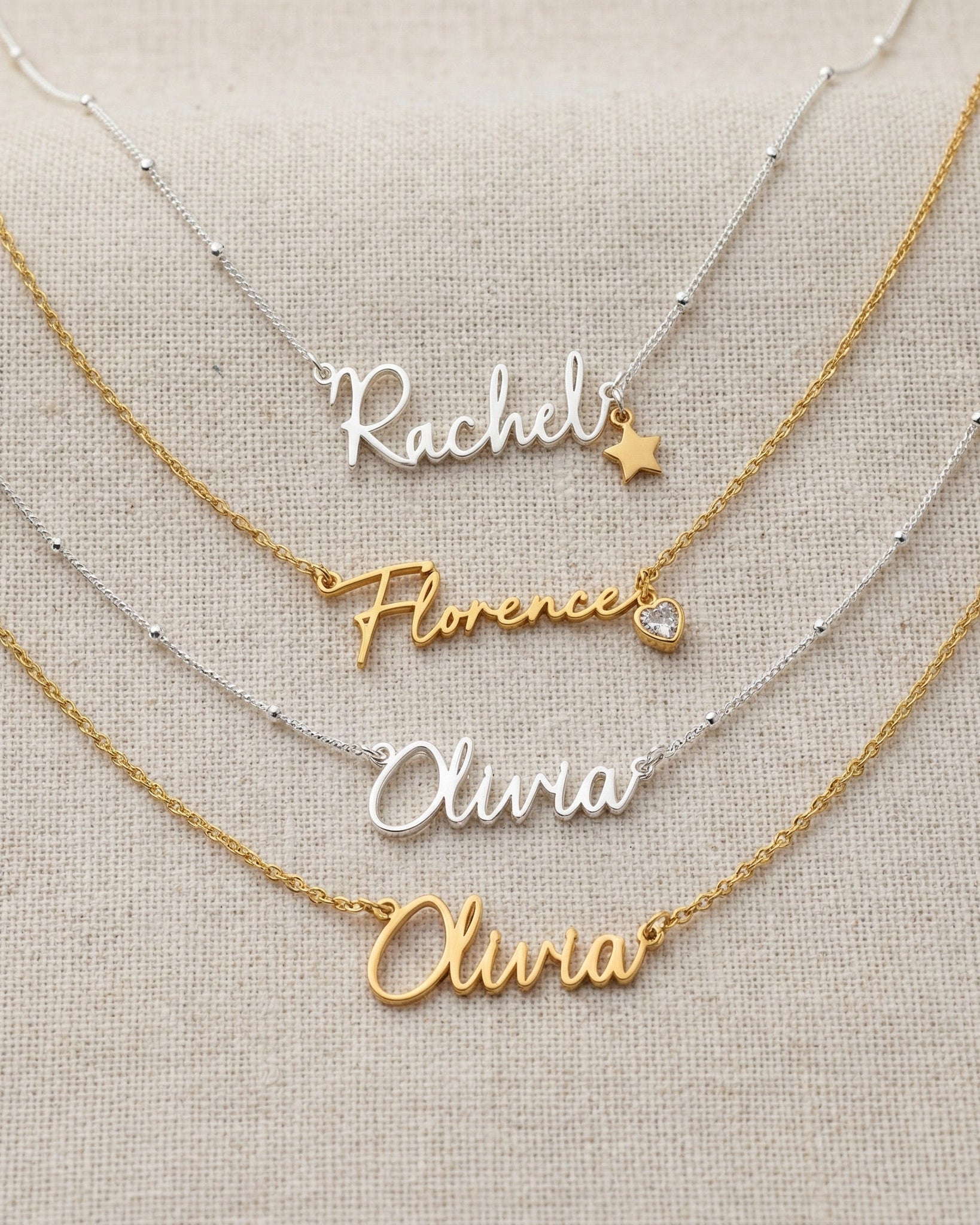 Necklace Custom Name Necklace – Gold, Silver & Vermeil HBD Custom Name Necklace – 9 Designs, 200+ Charms, 7 Lengths & 3 Chain Styles