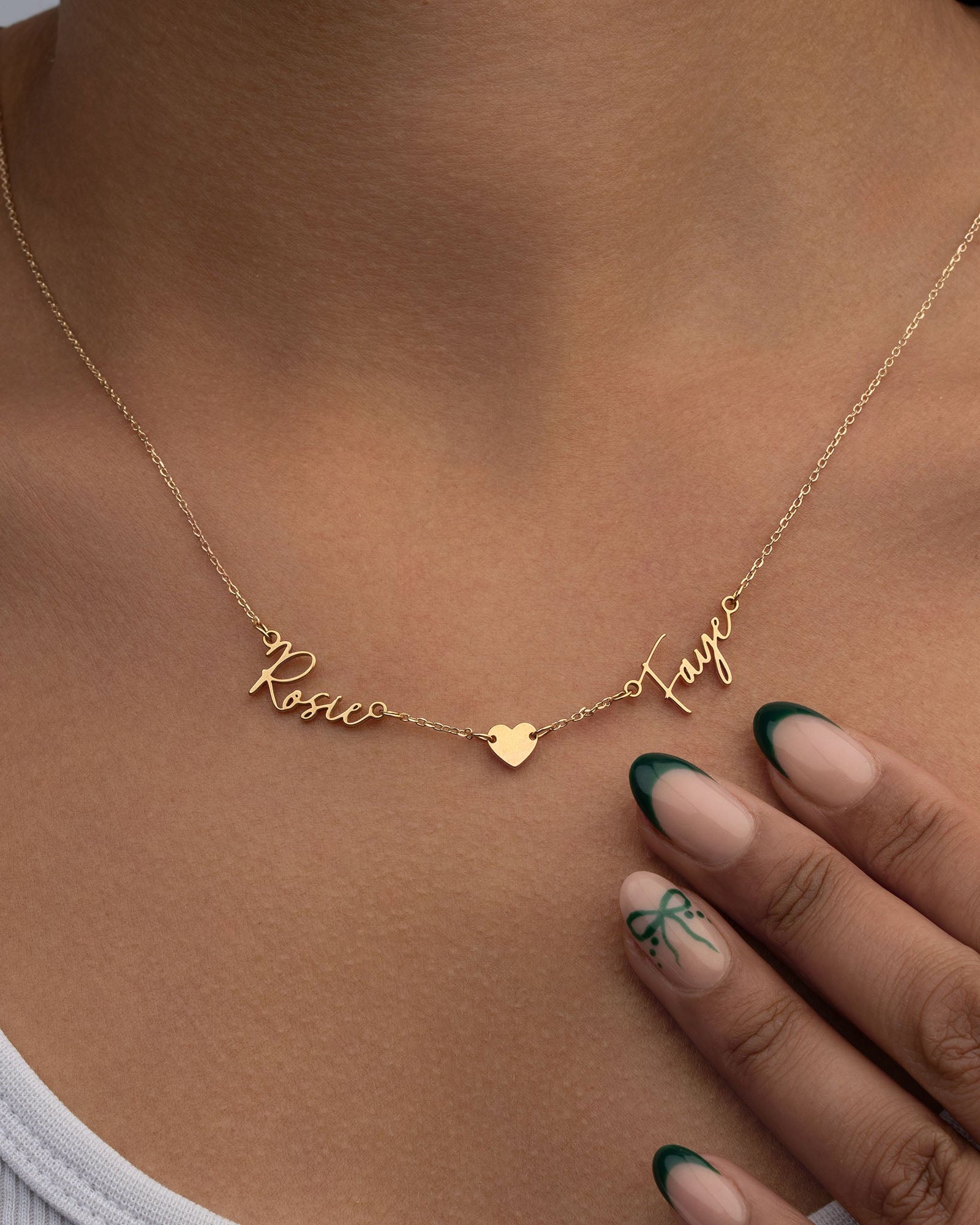 Necklace Double Name & Solid Heart Necklace HBD Double Name Necklace with Heart – Vermeil or Solid Silver – Personalised Script Necklace