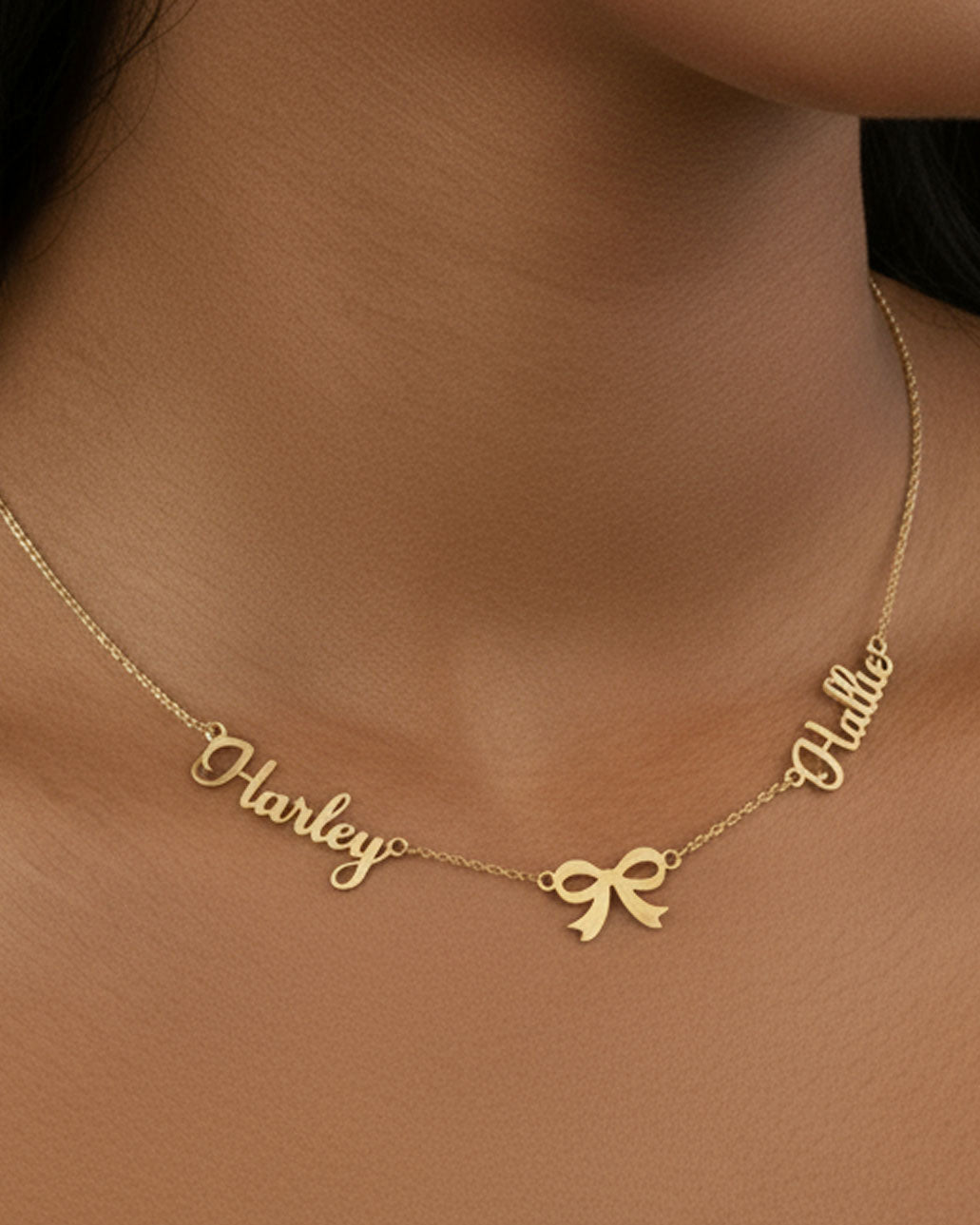 Necklace Double Name with Bow Necklace HBD Elegant Double Name Necklace with Bow – Gold, Silver & Vermeil Finish