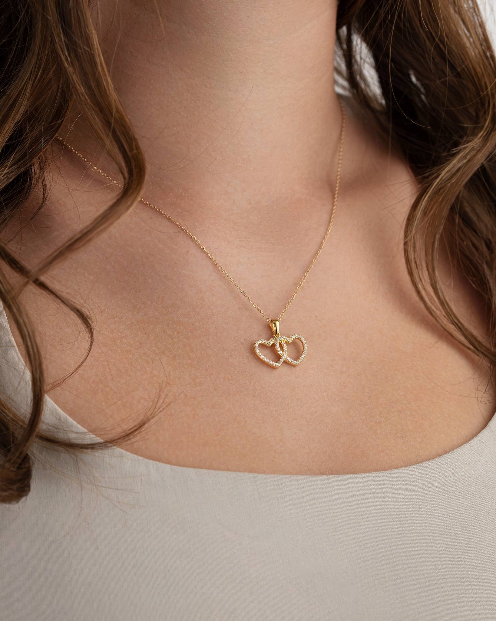 HeyBigDay Necklace Interlocking Double Heart Cubic Zirconia Necklace