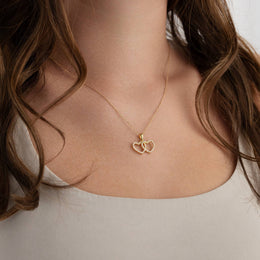 Interlocking Double Heart Cubic Zirconia Necklace in 18ct Gold or Sterling Silver
