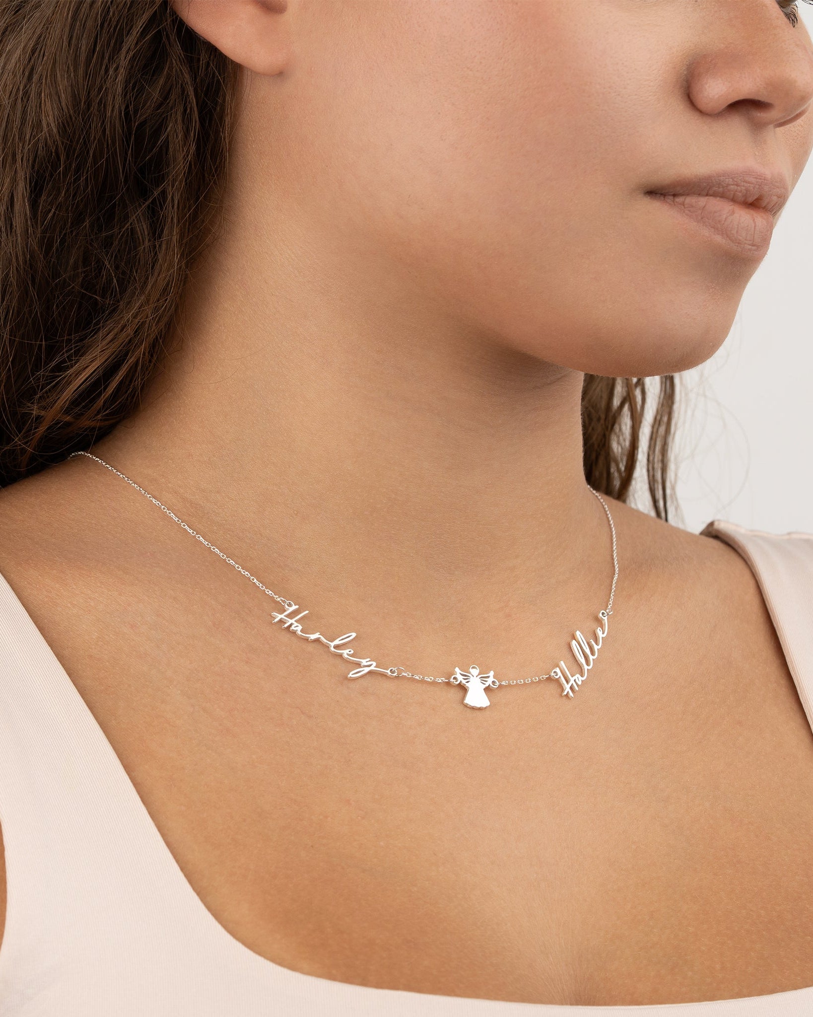 Necklace Double Name with Angel Necklace HBD Angel Name Necklace with Two Names – Personalised Gold & Silver Gift