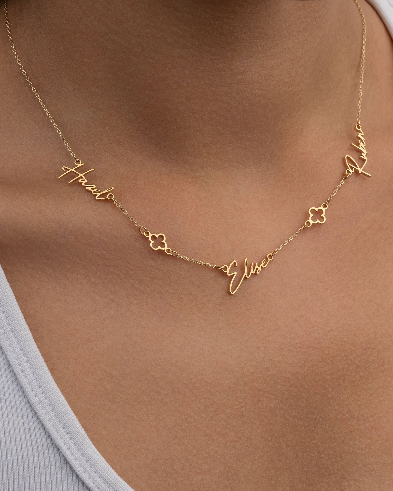 Necklace Triple Name Necklace with Two Clovers HBD Triple Name Necklace with Two Clovers – Custom Personalised Necklace in Gold or Silver