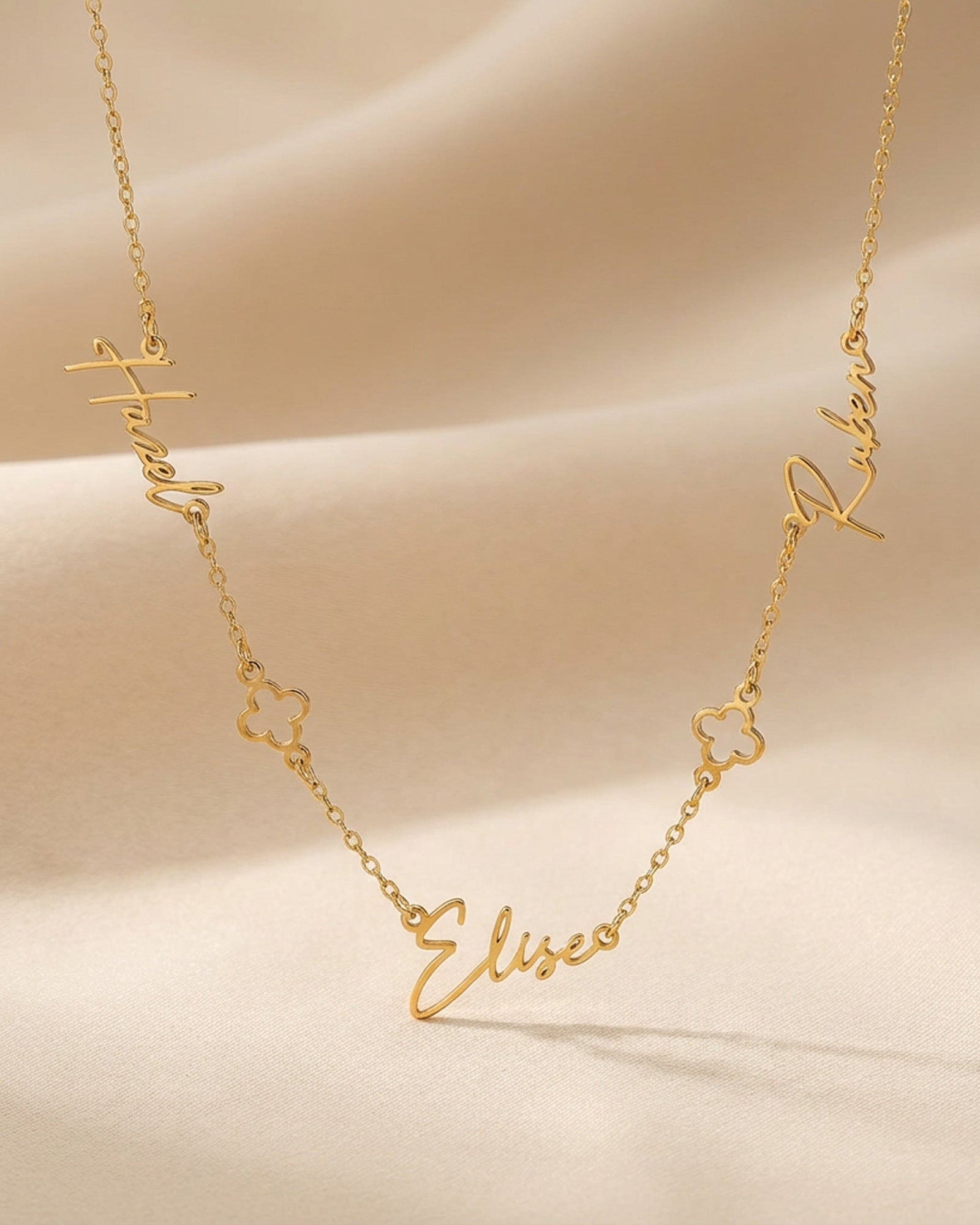 Necklace Triple Name Necklace with Two Clovers HBD Triple Name Necklace with Two Clovers – Custom Personalised Necklace in Gold or Silver