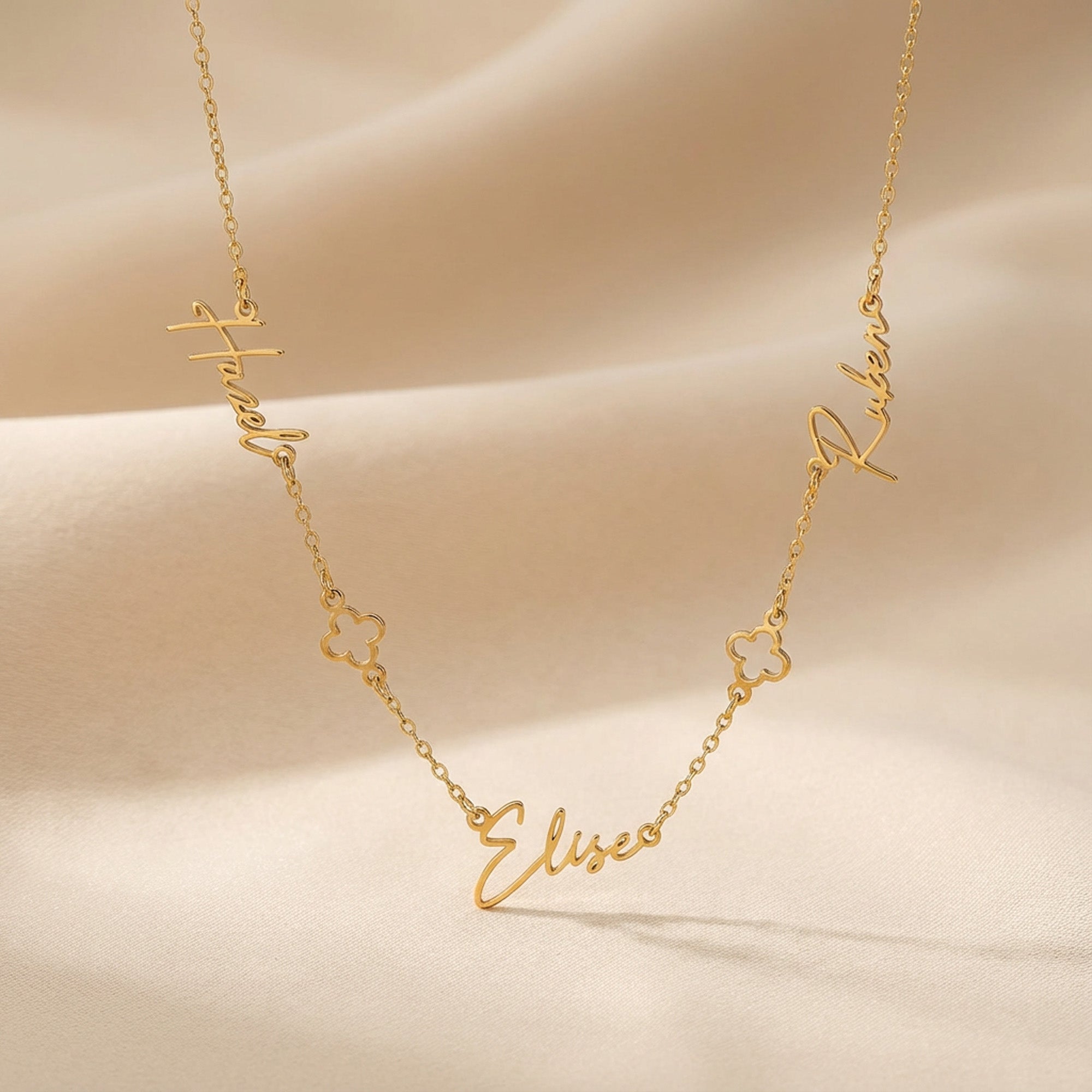 Necklace Triple Name Necklace with Two Clovers HBD Triple Name Necklace with Two Clovers – Custom Personalised Necklace in Gold or Silver