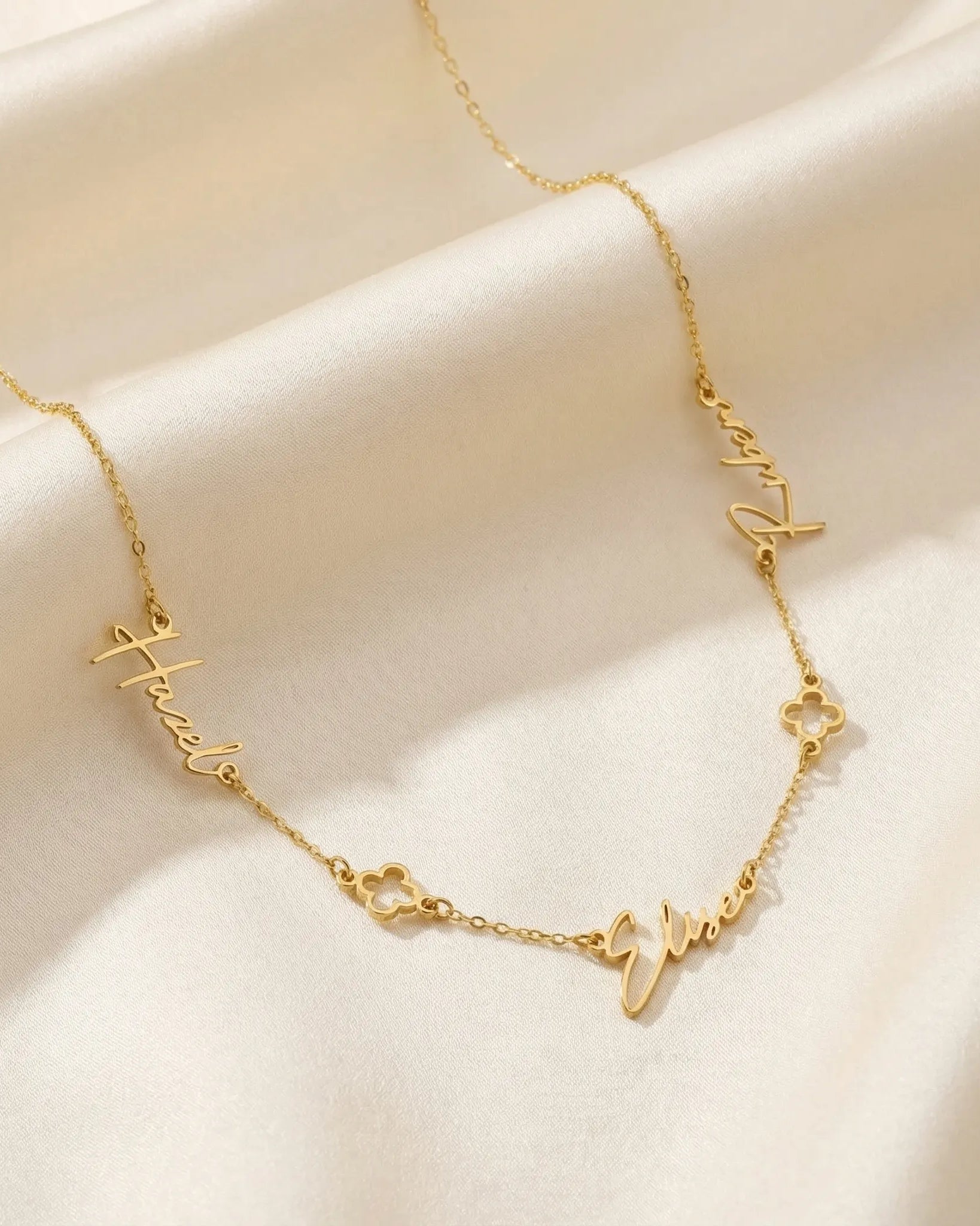 Necklace Triple Name Necklace with Two Clovers HBD Triple Name Necklace with Two Clovers – Custom Personalised Necklace in Gold or Silver