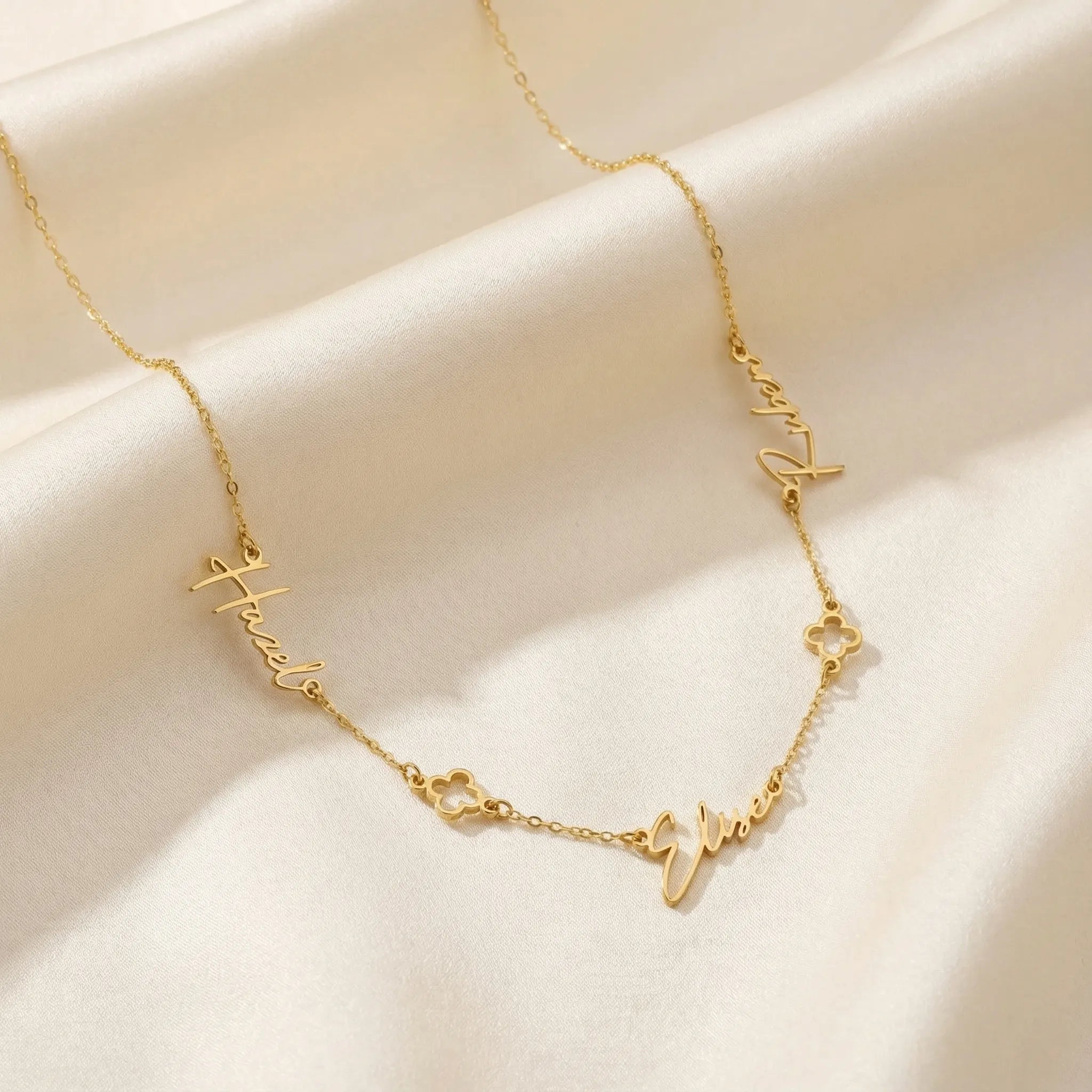 Necklace Triple Name Necklace with Two Clovers HBD Triple Name Necklace with Two Clovers – Custom Personalised Necklace in Gold or Silver