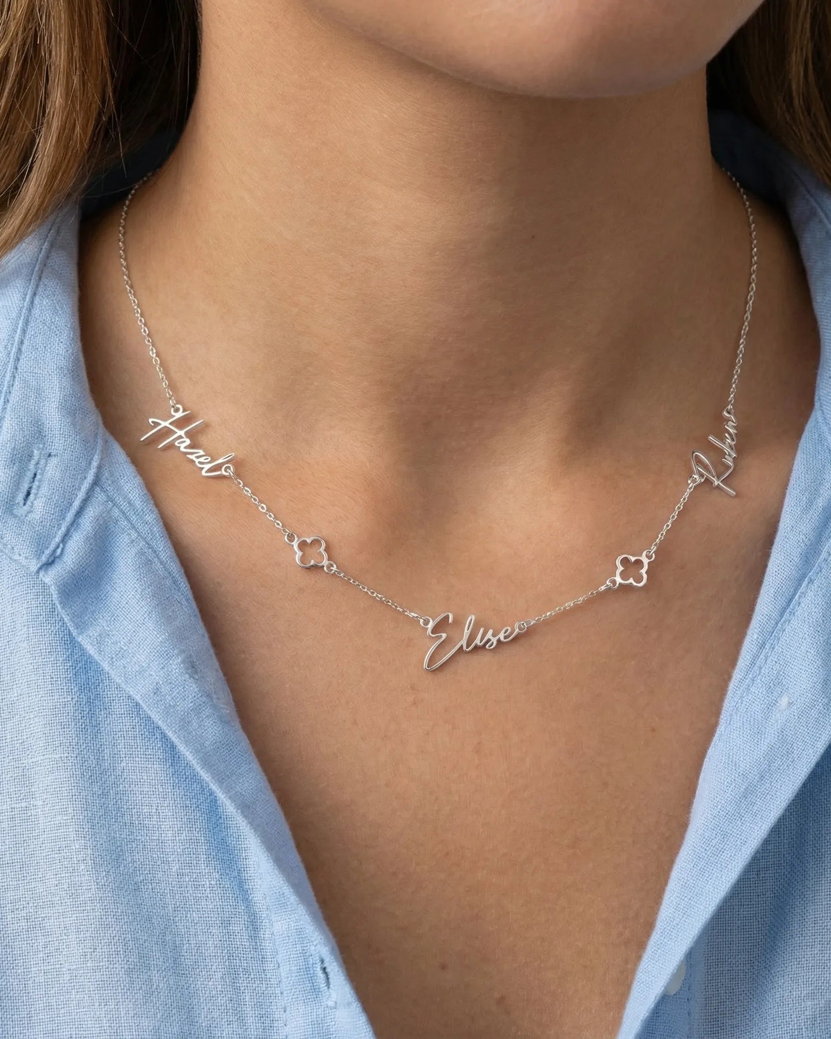 Necklace Triple Name Necklace with Two Clovers HBD Triple Name Necklace with Two Clovers – Custom Personalised Necklace in Gold or Silver