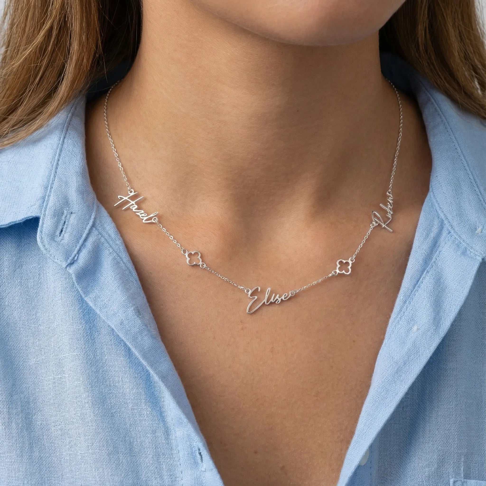 Necklace Triple Name Necklace with Two Clovers HBD Triple Name Necklace with Two Clovers – Custom Personalised Necklace in Gold or Silver