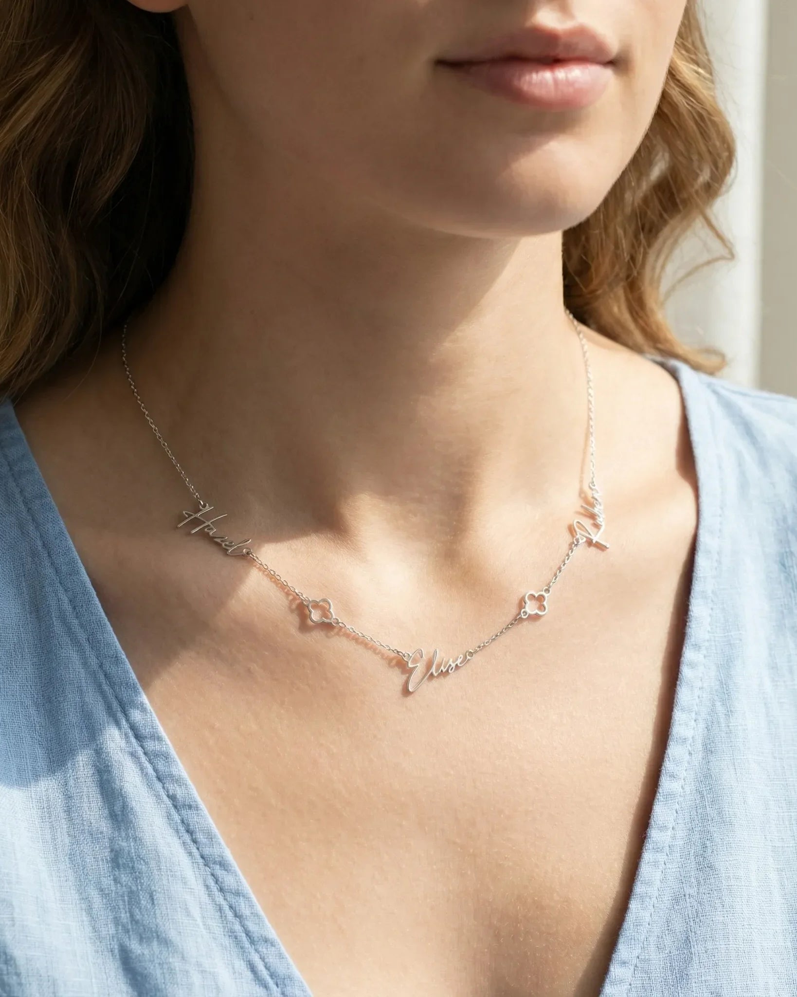 Necklace Triple Name Necklace with Two Clovers HBD Triple Name Necklace with Two Clovers – Custom Personalised Necklace in Gold or Silver