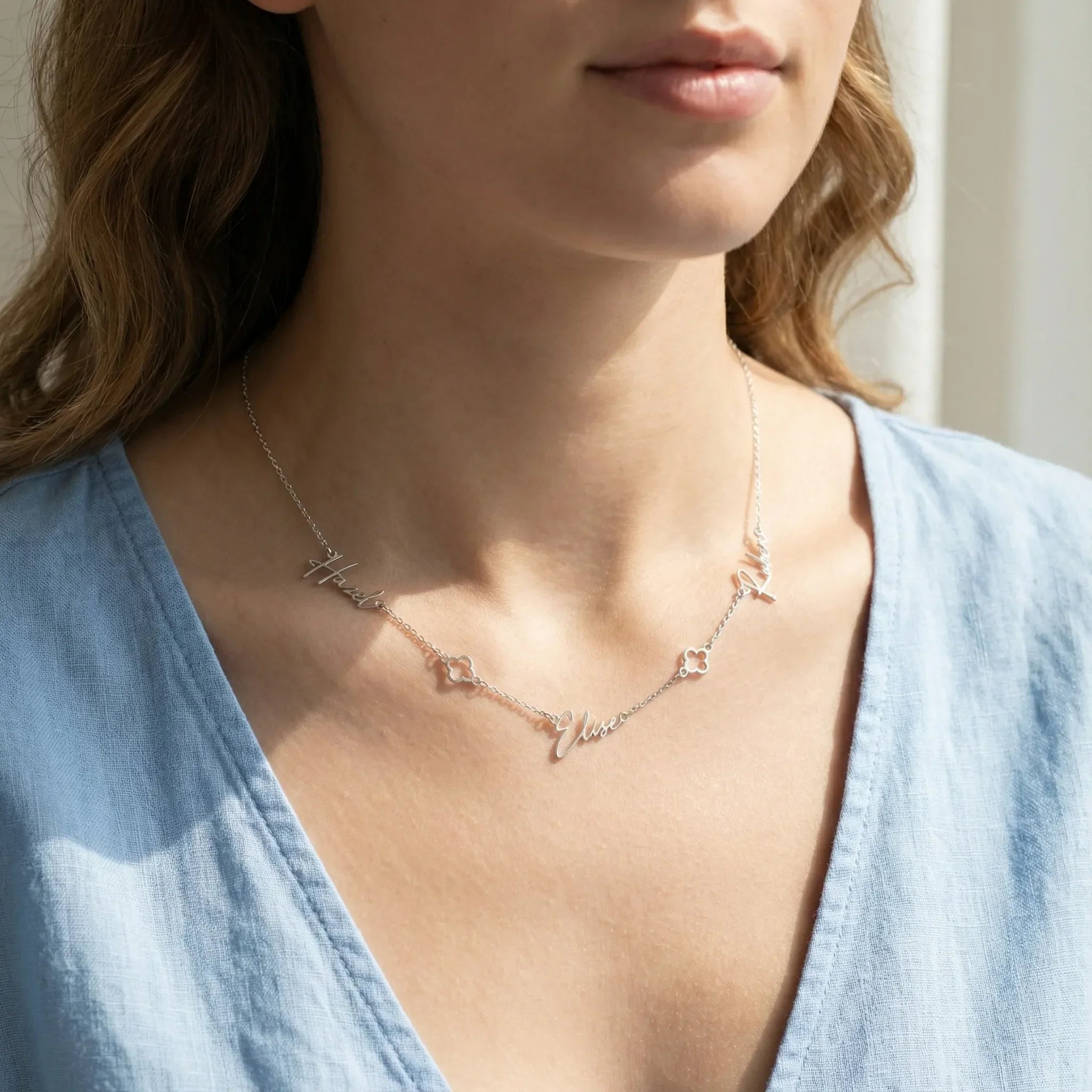 Necklace Triple Name Necklace with Two Clovers HBD Triple Name Necklace with Two Clovers – Custom Personalised Necklace in Gold or Silver