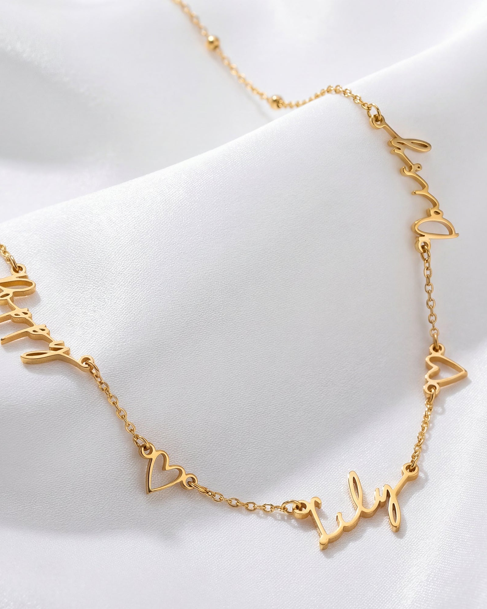 Necklace Triple Name Necklace with Two Hearts HBD Triple Name Necklace with Two Hearts – Custom Personalised Necklace in Gold or Silver